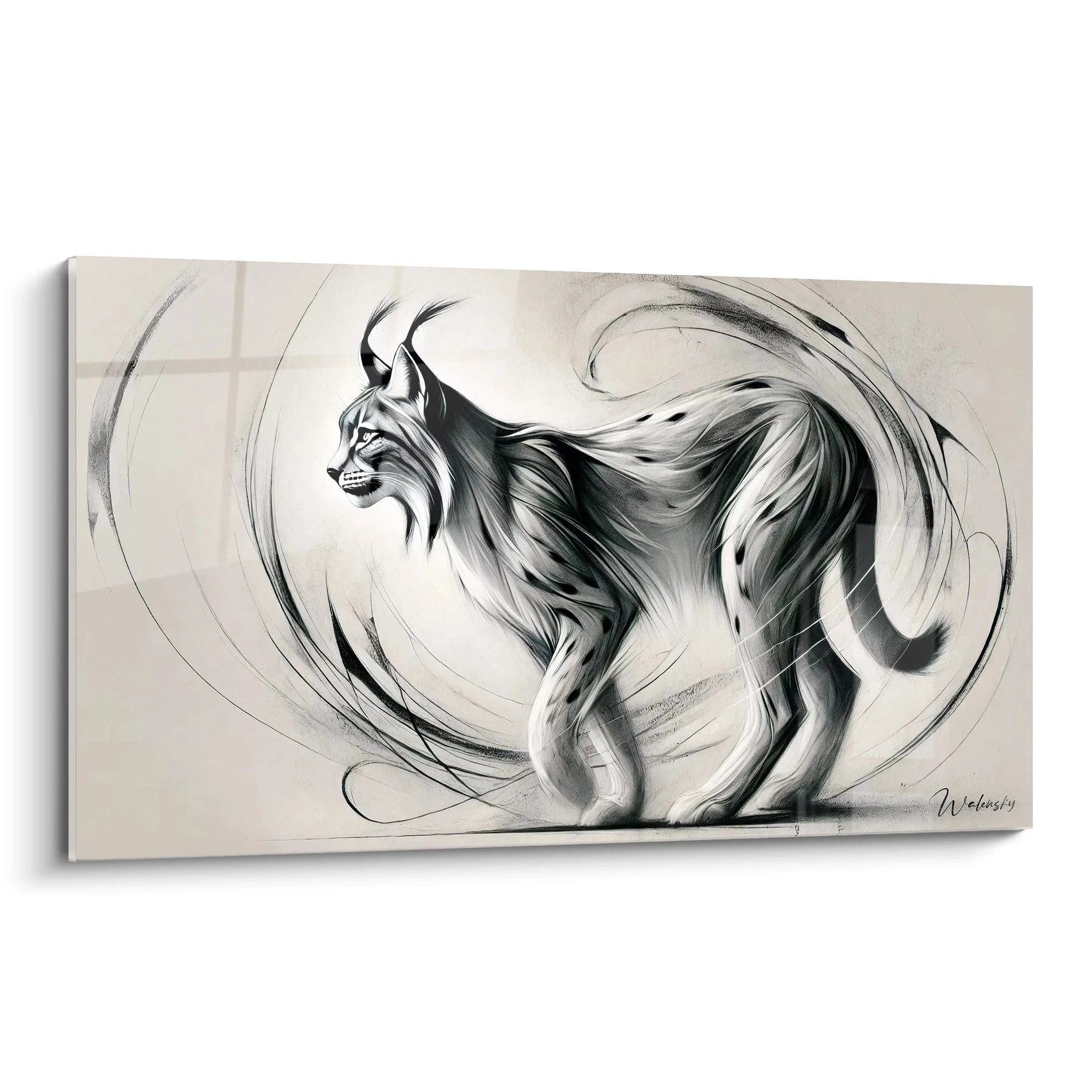 Ce tableau lynx met en avant la puissance et la grâce de cet animal mystérieux. Les formes fluides accentuent la vitesse et la légèreté de l'œuvre.