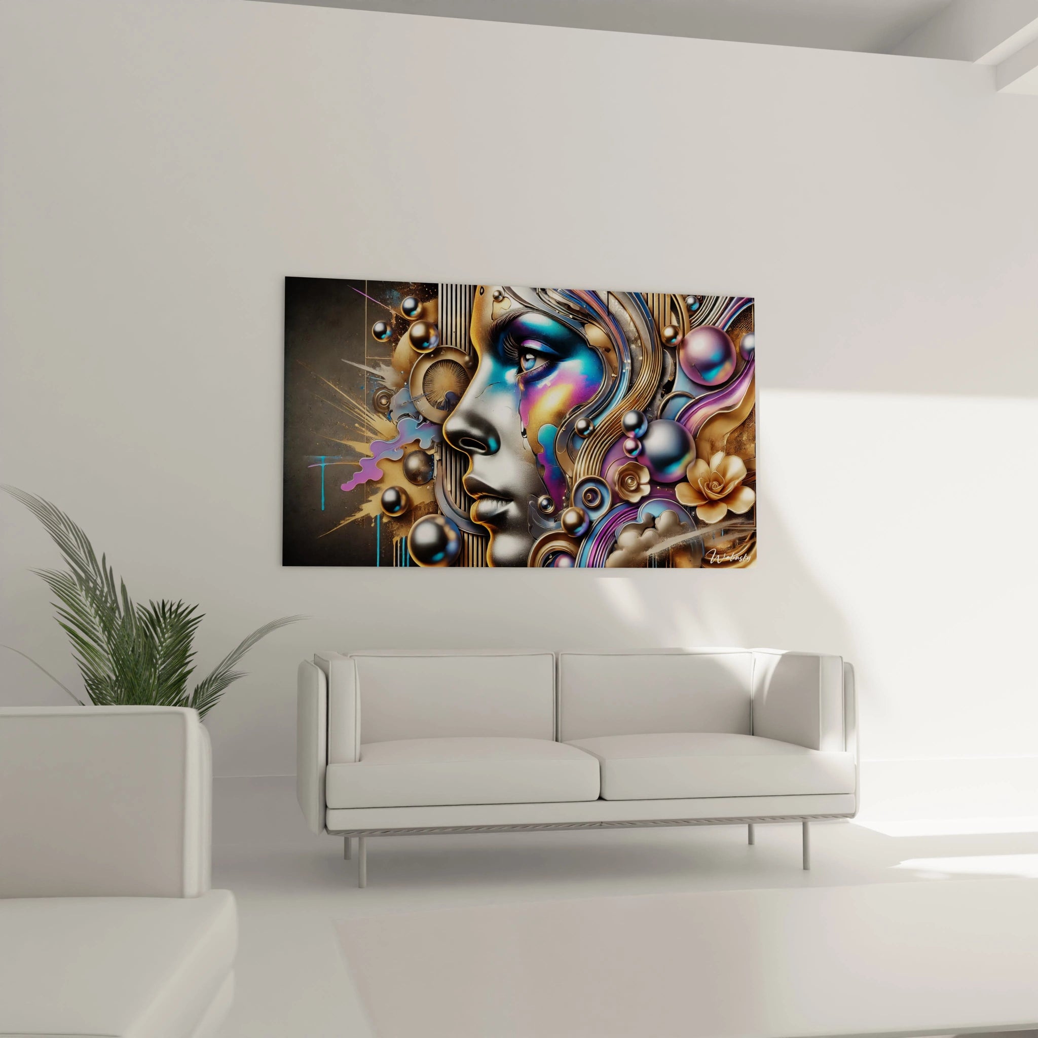 Dans un salon, ce tableau graffiti capte tous les regards. Ses teintes argent, bleu et or s'intègrent magnifiquement au-dessus d'un canapé.