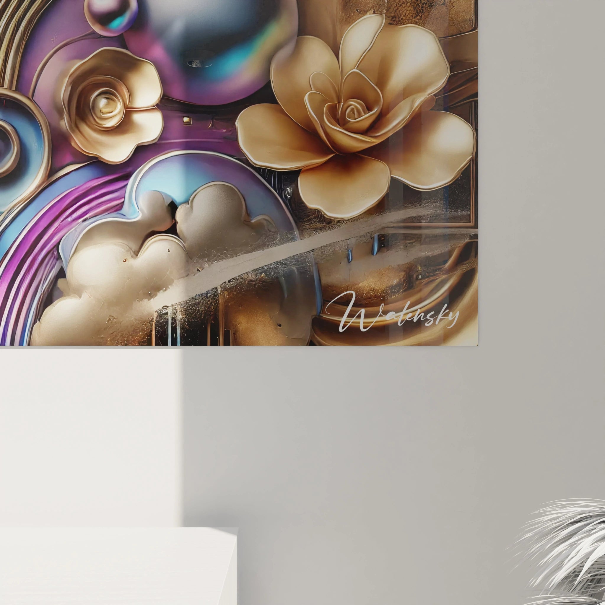 De près, ce tableau graffiti dévoile ses détails métalliques et ses éclaboussures de couleurs. Une œuvre qui combine émotion et esthétisme urbain.