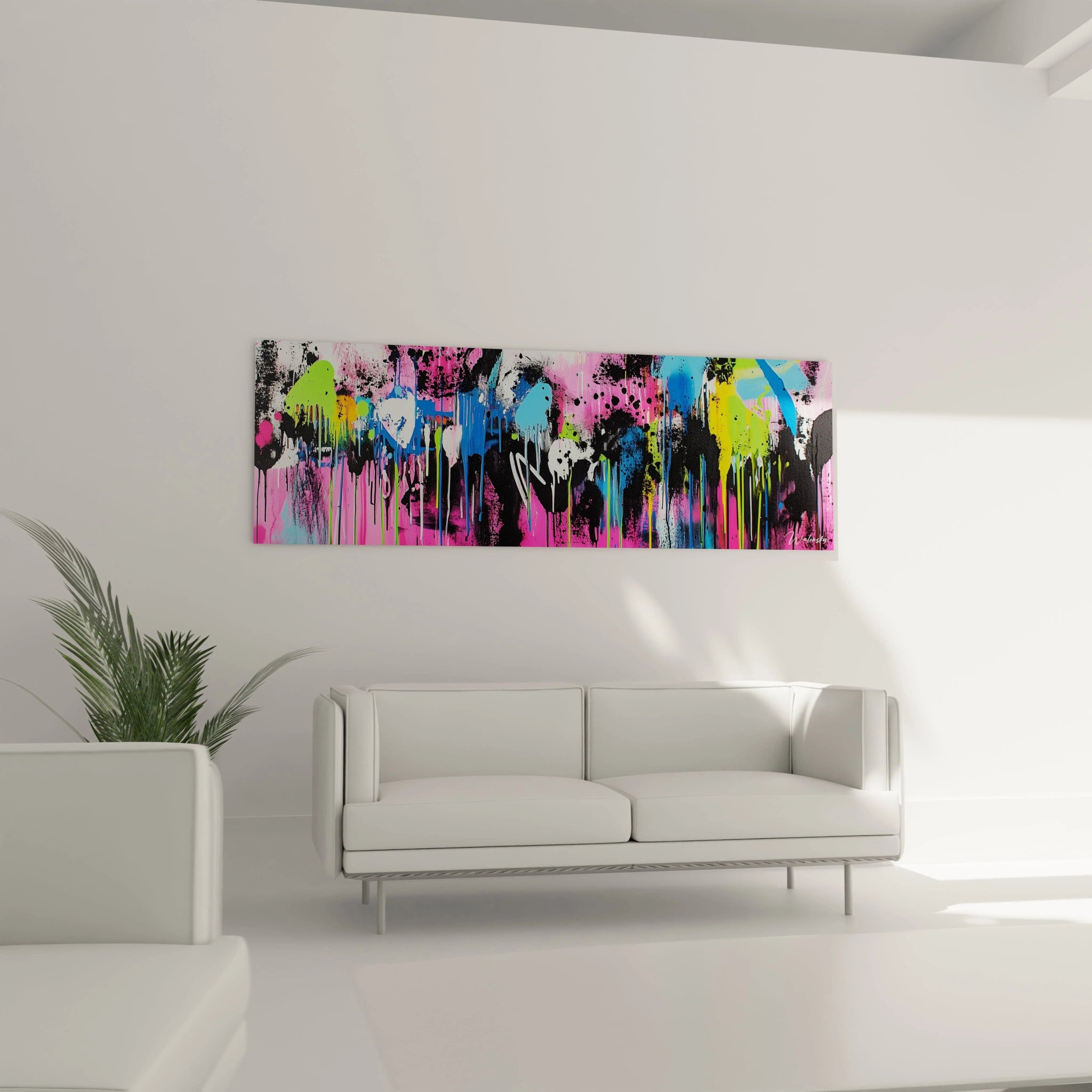 Un tableau explosion chromatique composé de projections de peinture en cascade, mêlant des tons fluorescents de rose, bleu, vert et jaune avec des taches noires, créant une texture dynamique de style street art.
