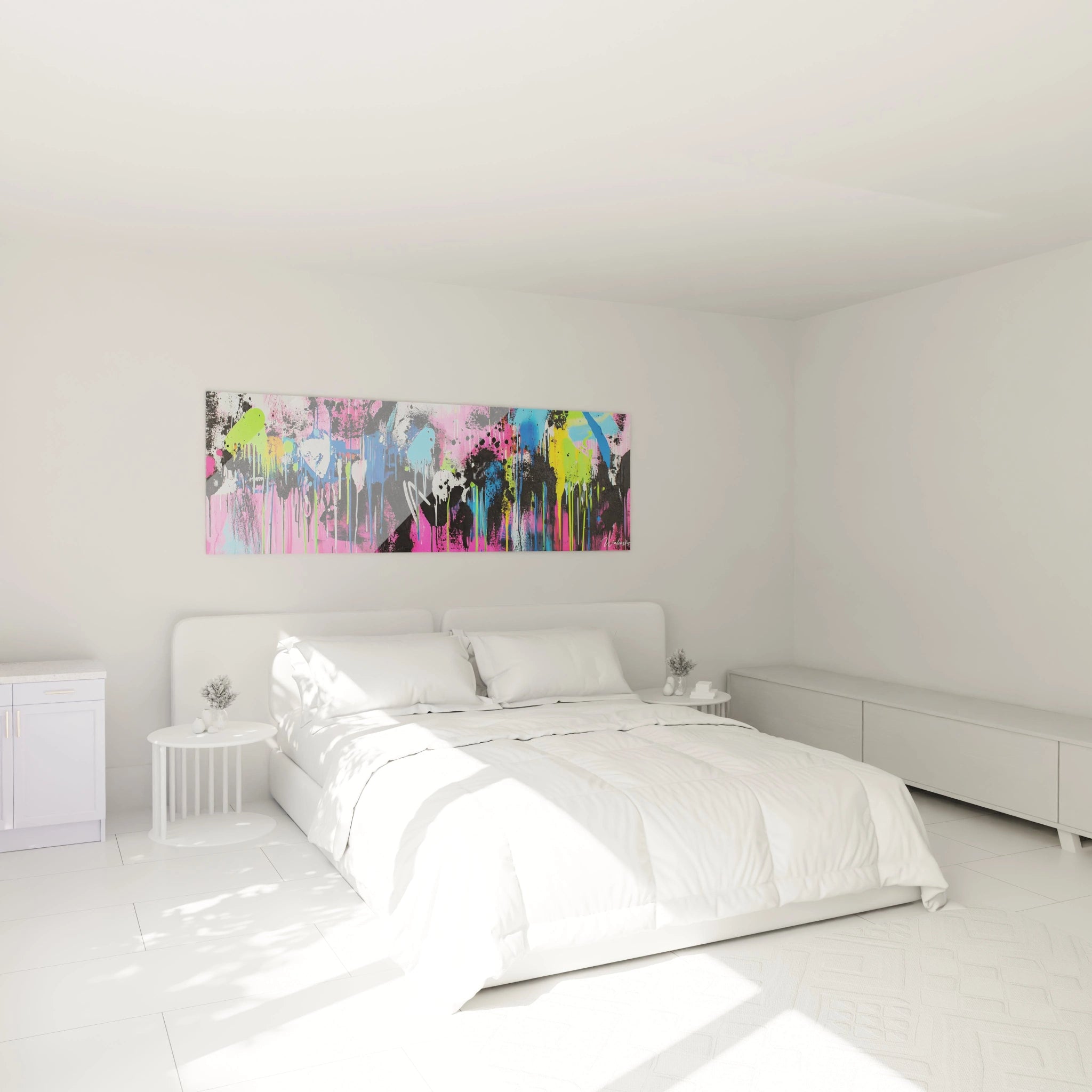 Un tableau graffiti urbain aux couleurs néon montrant des dégoulinures multicolores entrelacées, dominé par un rose intense contrastant avec des éclaboussures de bleu, de noir et de touches vertes et jaunes fluo.