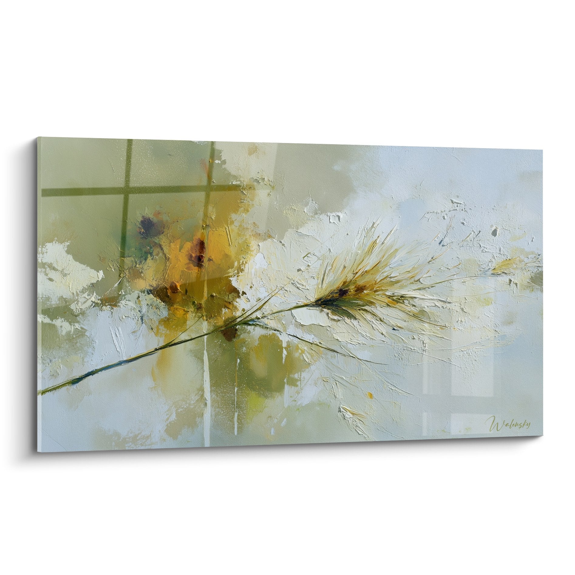 Abstract grass artwork golden wheat on colorful background green and white hues modern contemporary style