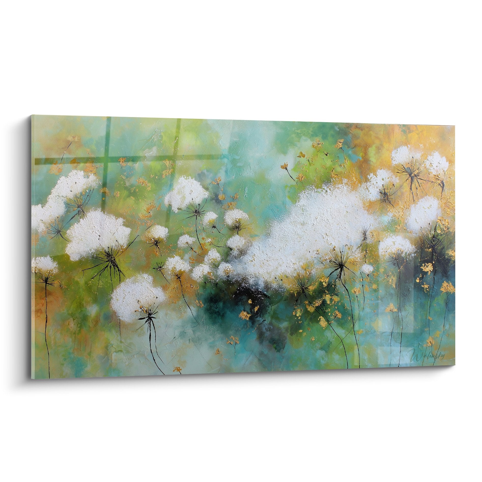 Tableau graminées blanches duveteuses sur fond turquoise et ocre - Art nature moderne décoratif