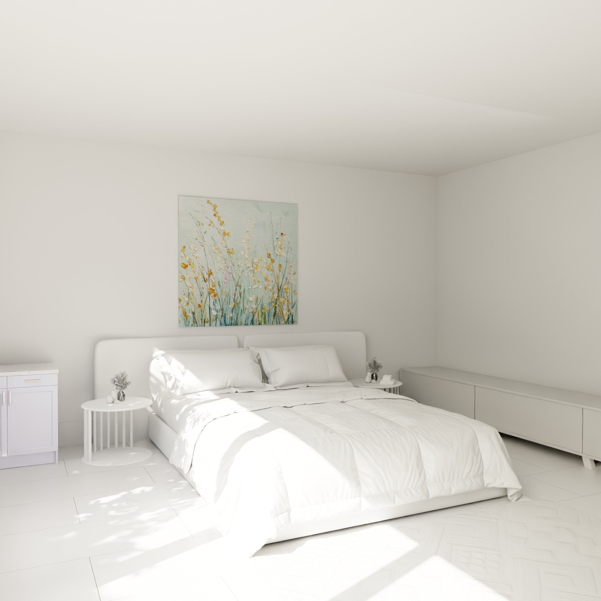 Tableau graminées prairie pastel décorant chambre ambiance douce naturelle murs blancs mobilier bois clair