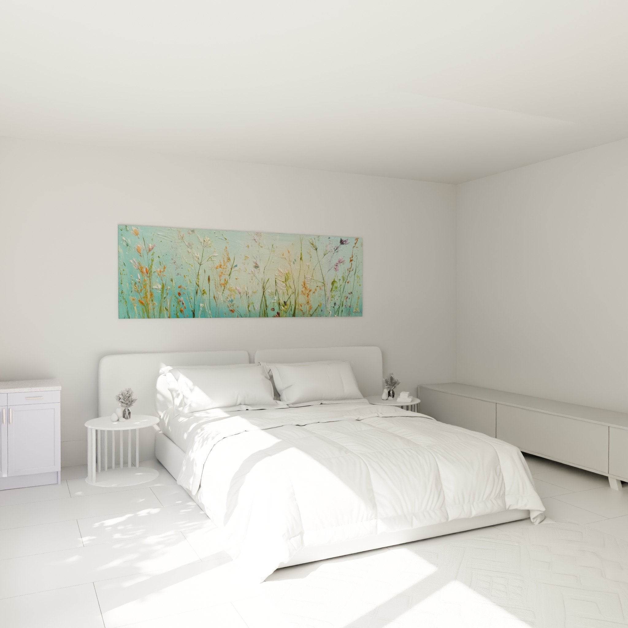 Tableau graminées dans chambre moderne avec murs clairs et mobilier en bois naturel