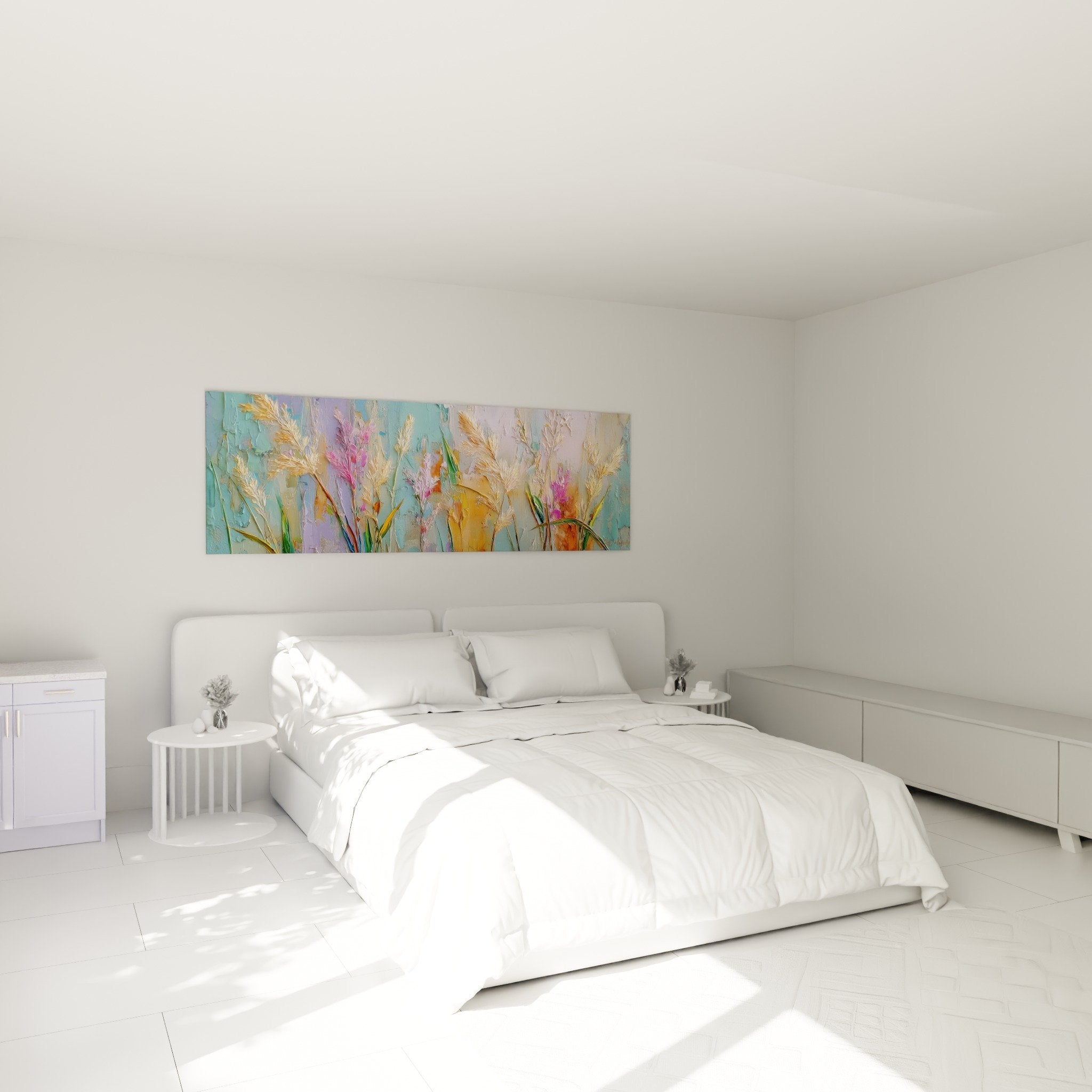 Tableau graminées prairie colorée au-dessus lit chambre décoration murale tons turquoise violet doré