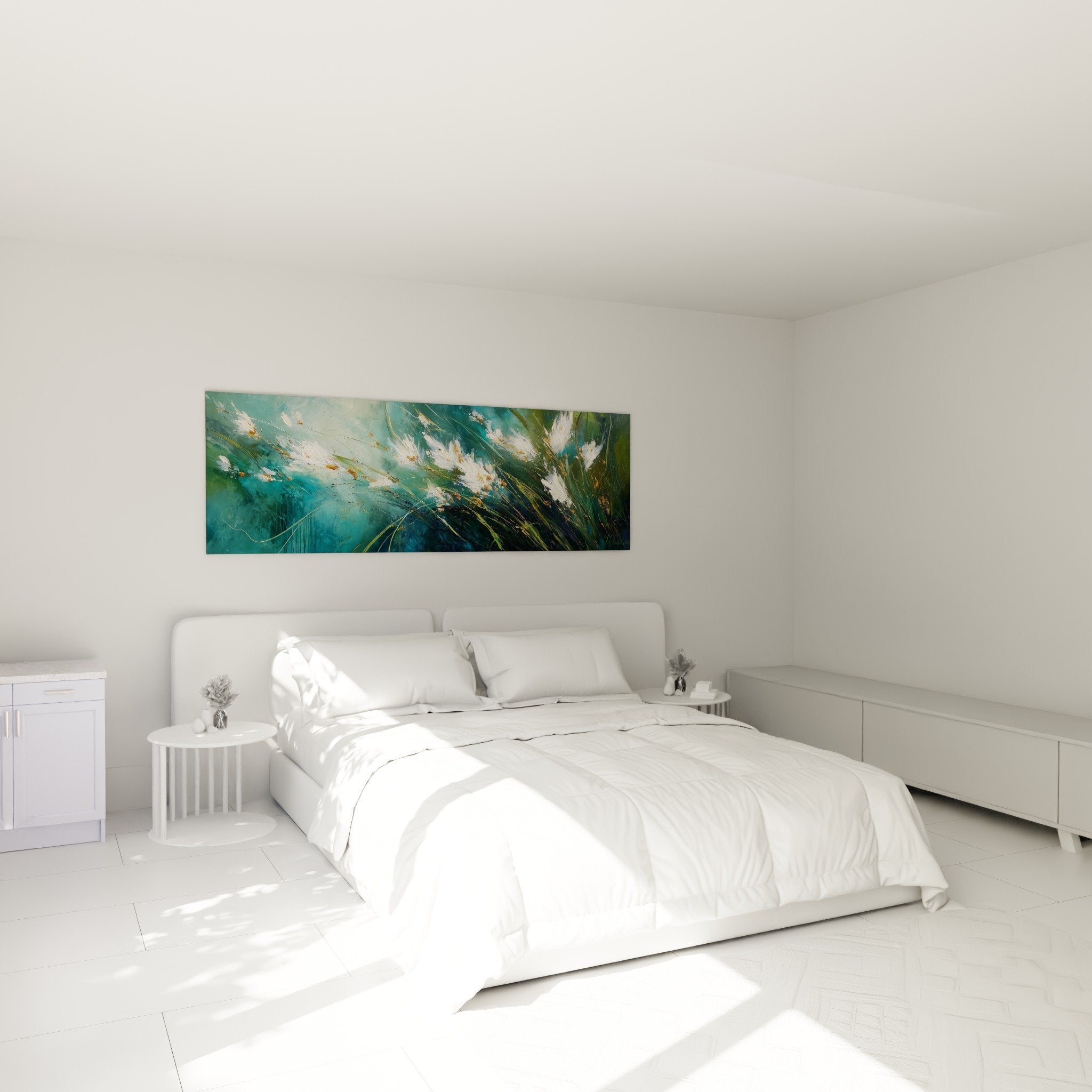 Tableau graminées turquoise et blanc au dessus lit chambre parentale déco murale apaisante nature mouvement végétal