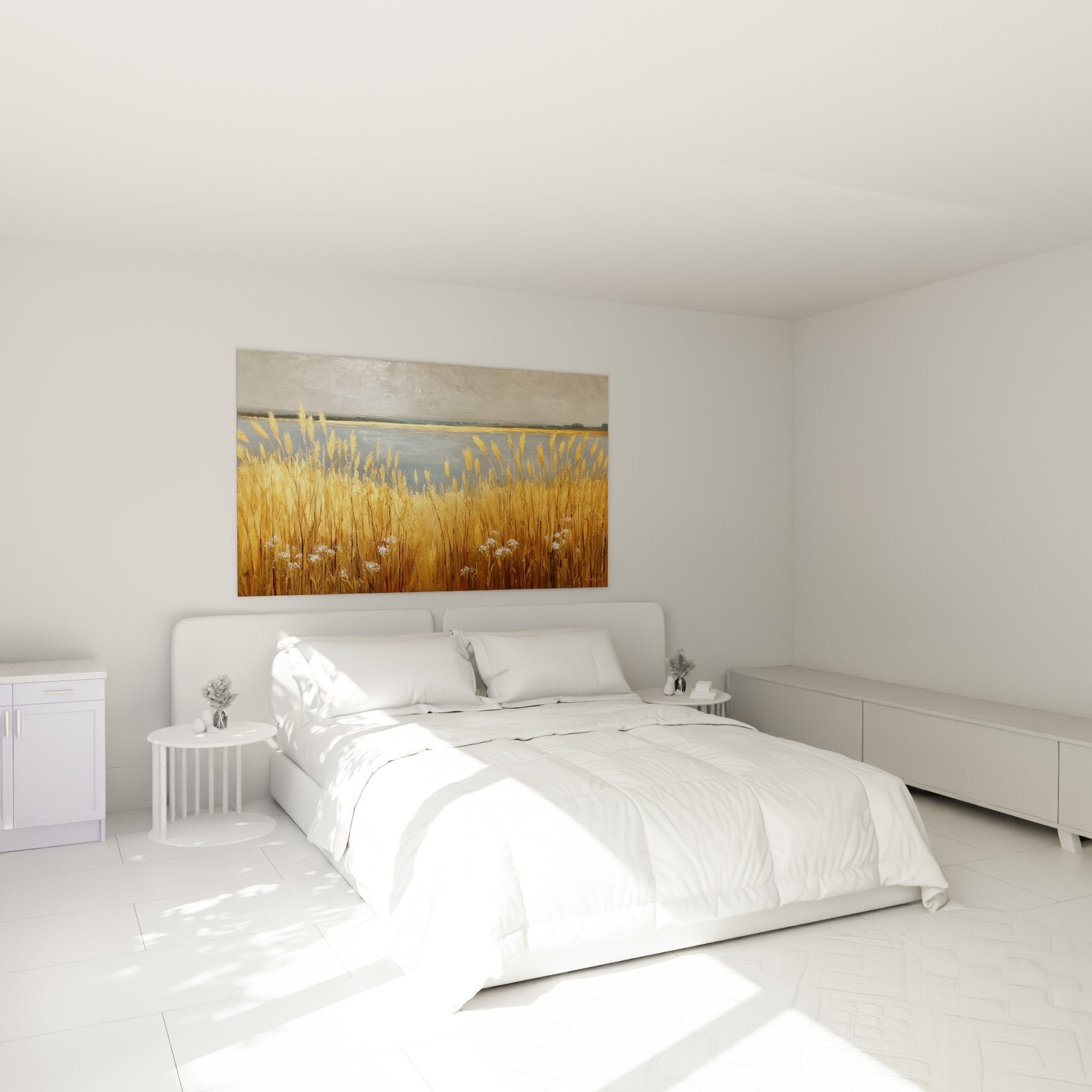 Grass landscape painting lake bedroom decoration natural ambiance golden blue tones aquatic vegetation