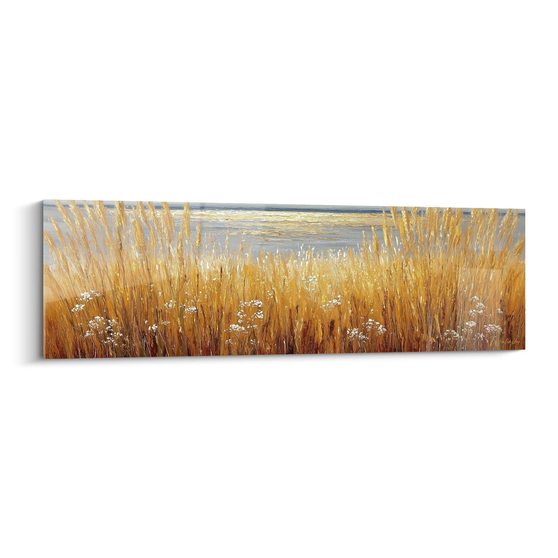 tableau panoramique herbes dorées graminées fleurs blanches bord mer ocean reflets dores decoration murale