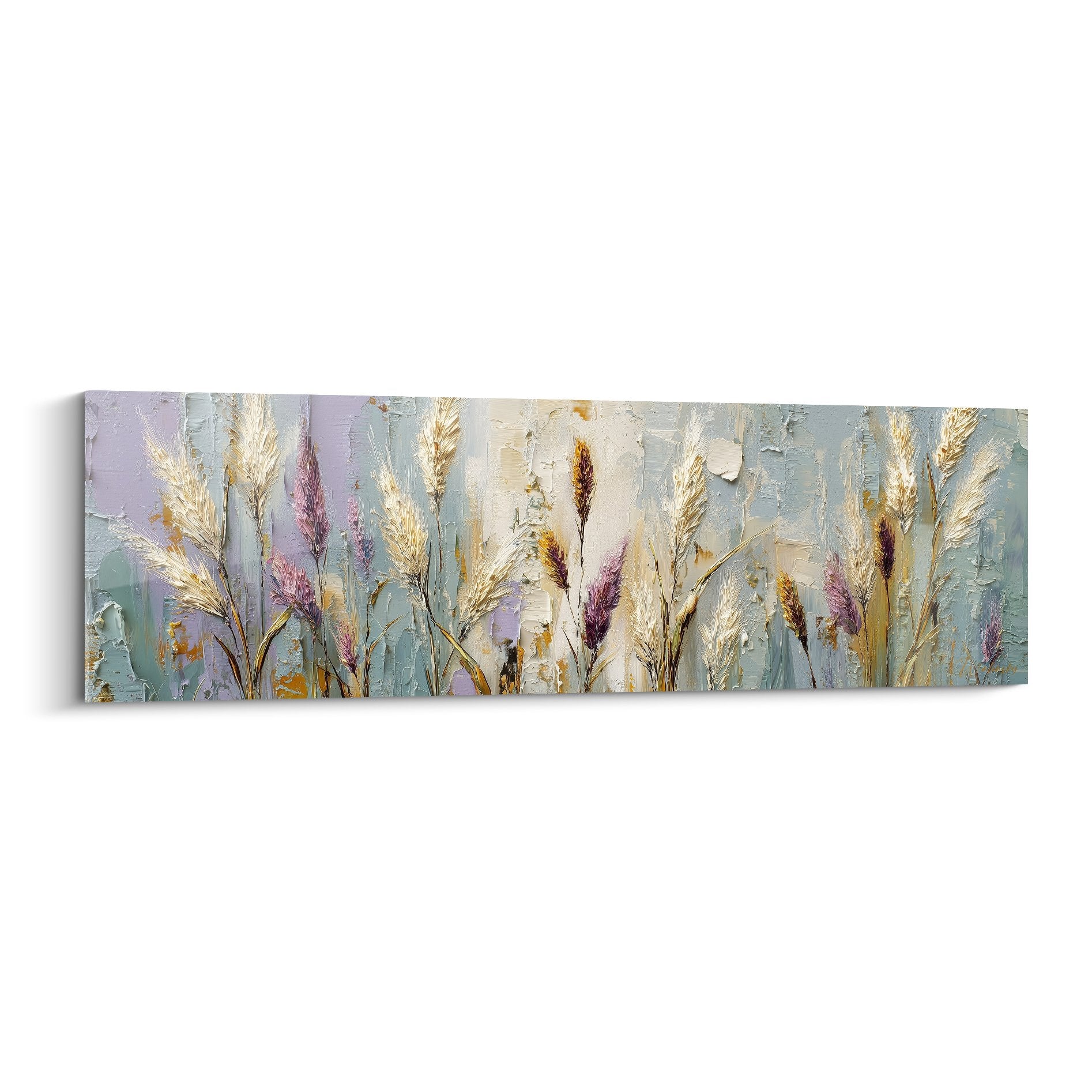 Tableau graminées épis dorés violets fond pastel style champêtre format panoramique décoration murale nature