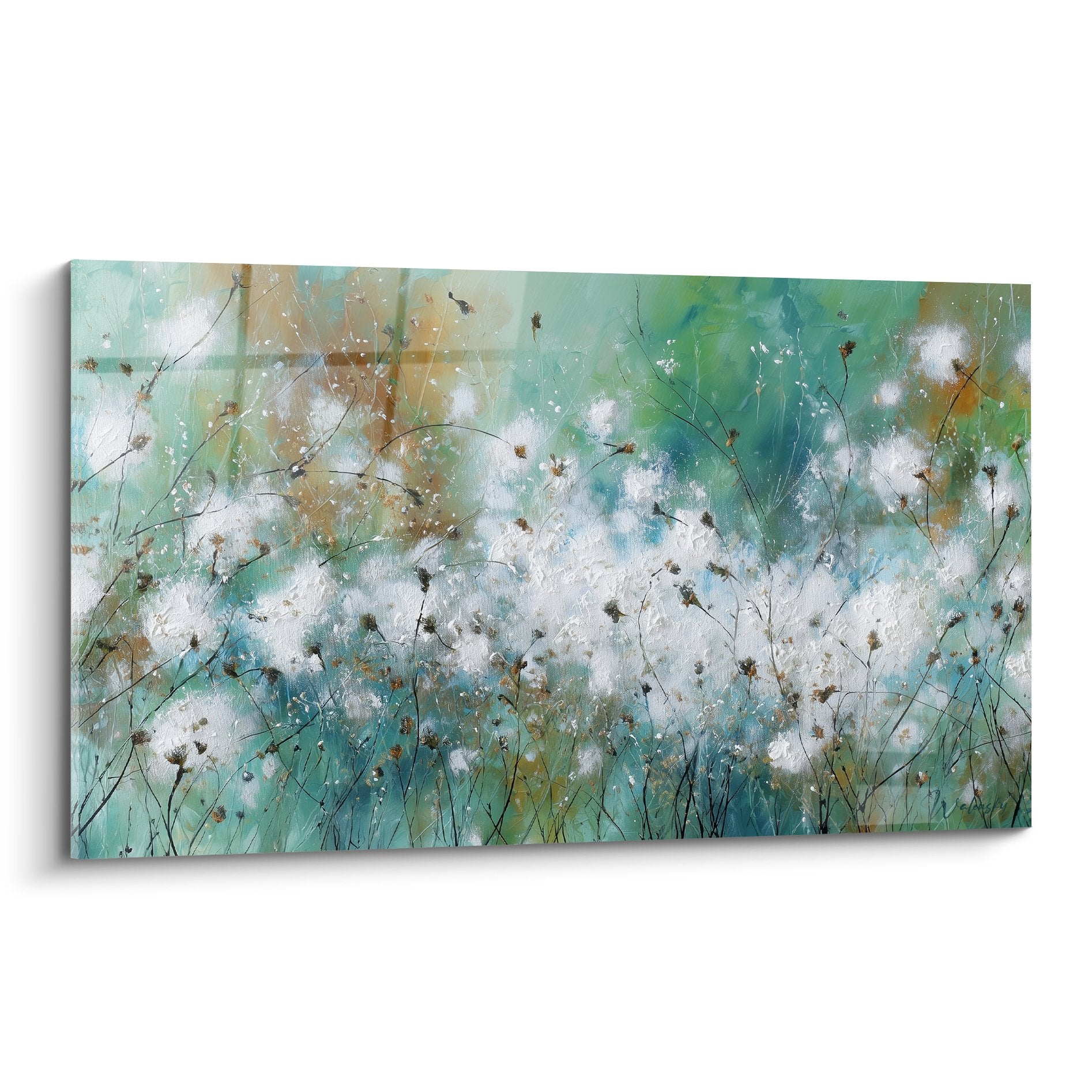 Abstract turquoise and white meadow painting with mist effects and grass stems nature edition