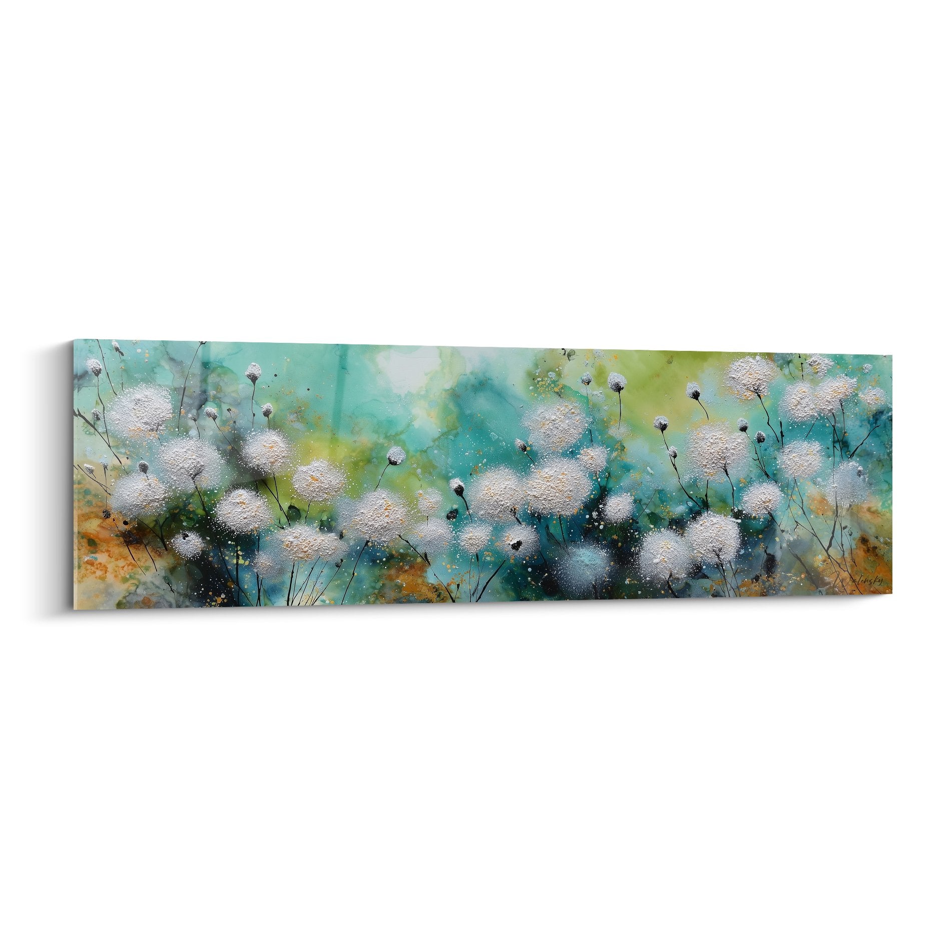 Tableau horizontal graminées blanches texturées sur fond turquoise et aqua, style contemporain nature champêtre