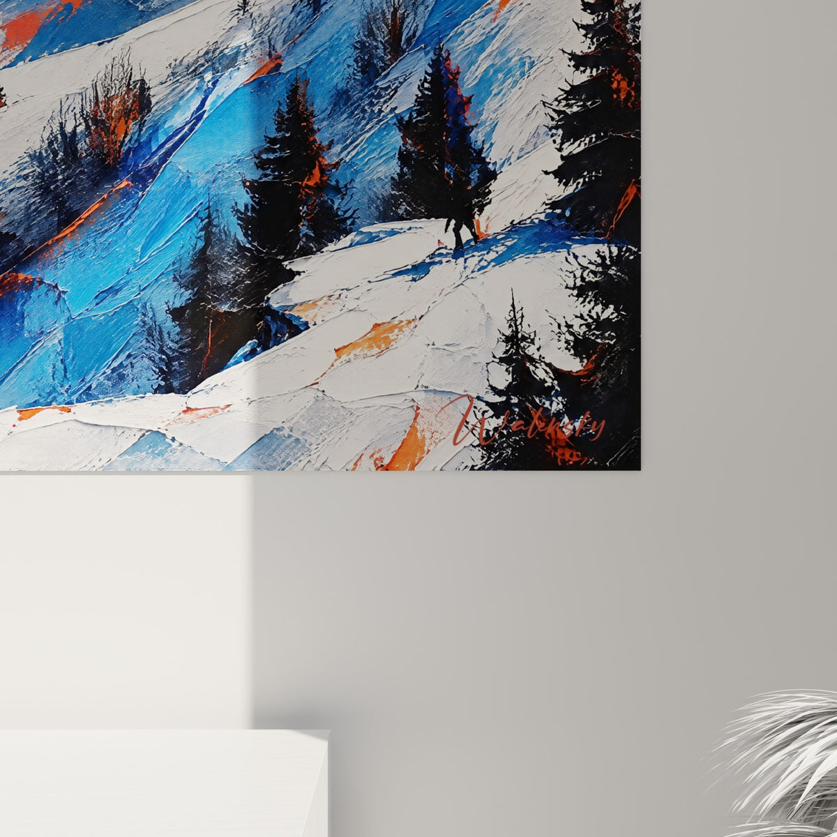 Empâtements bleu marine et orangé du sommet alpin, matière épaisse et grain visible de la peinture au couteau