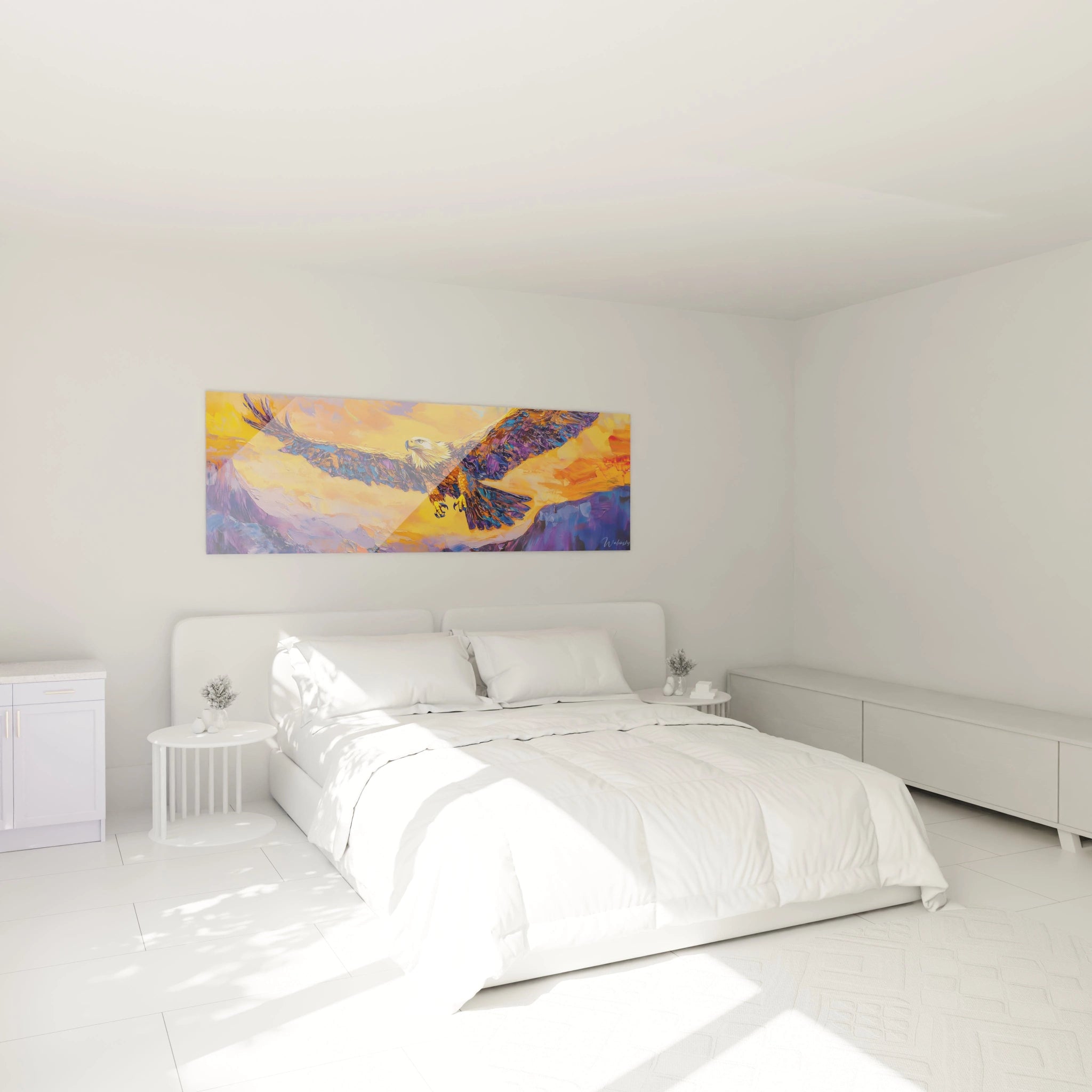 Tableau Walensky représentant un aigle sur fond de montagnes dans une chambre moderne