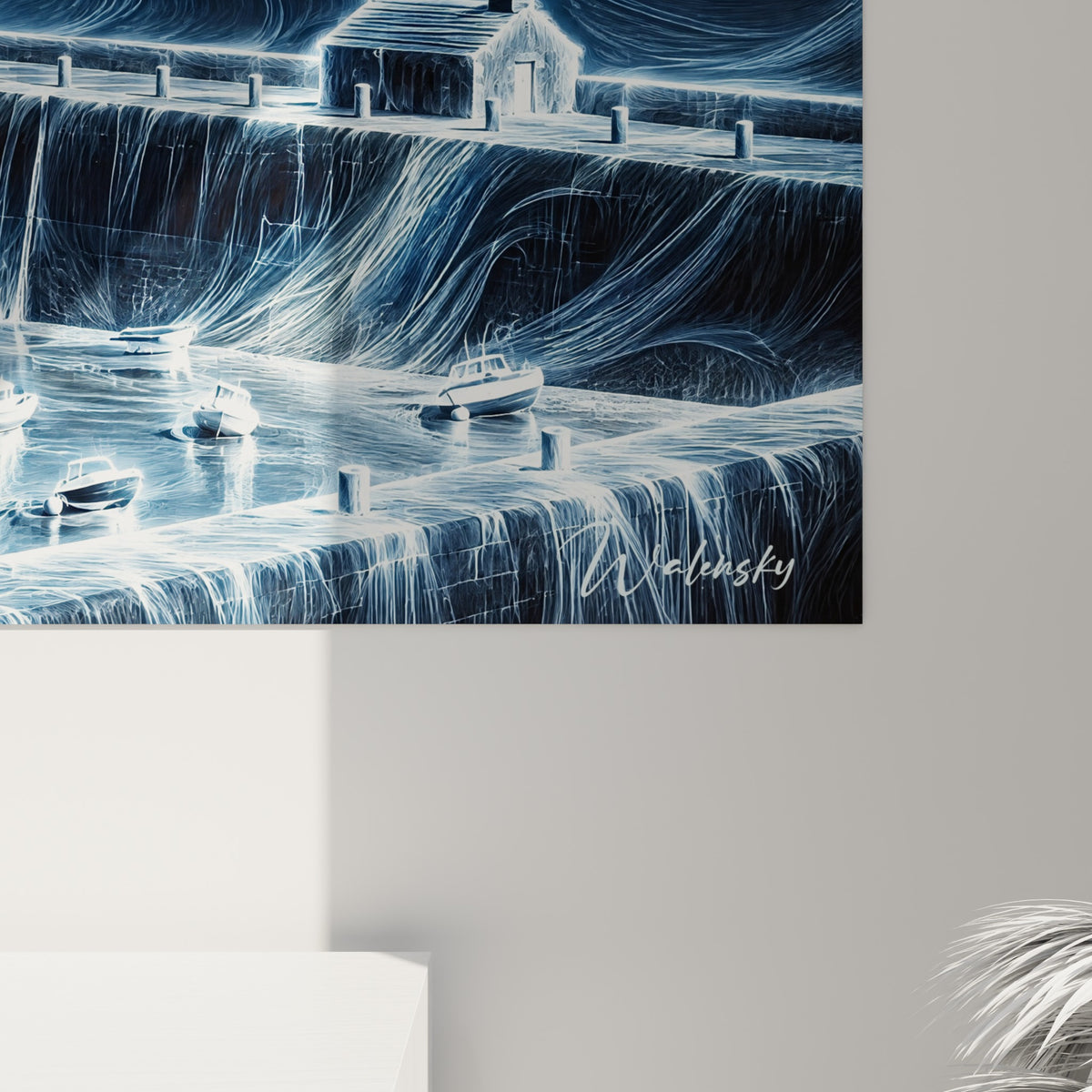 Détail des traits lumineux blancs et des nuances de bleu nuit formant le ciel tourbillonnant de l'œuvre
