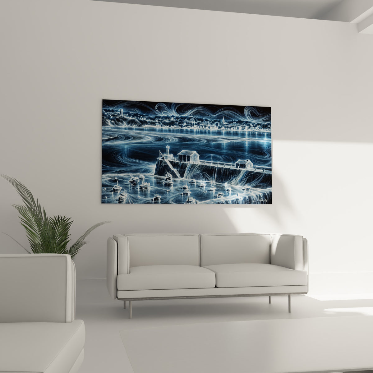 Village côtier aux tons bleu marine et argenté, disposé au-dessus d'un canapé dans un salon lumineux