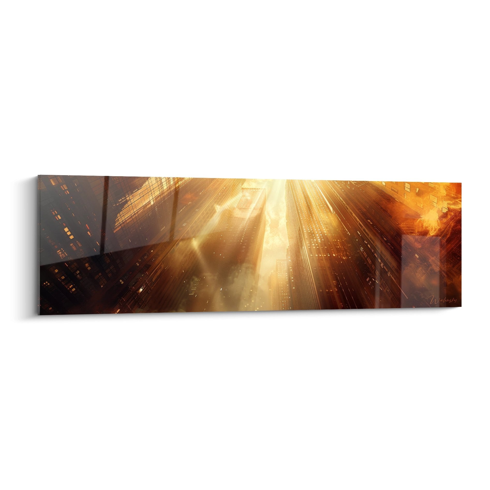 Tableau mural gratte-ciel New York illuminés lumière dorée ambiance urbaine moderne