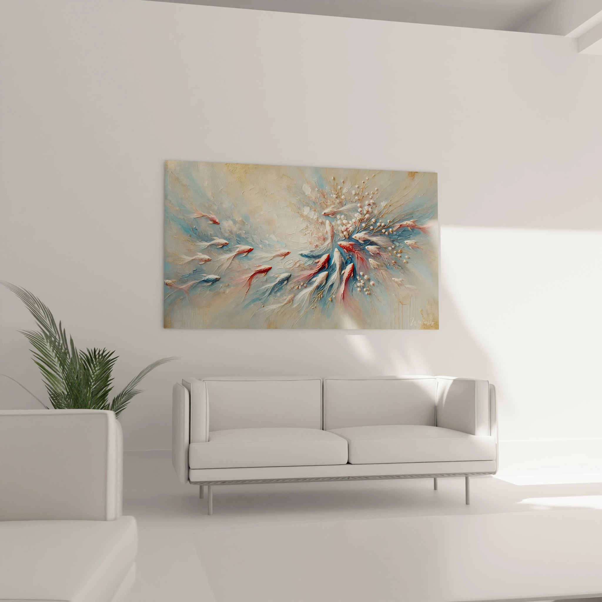 tableau poisson dans un salon modernise l espace avec des couleurs pastel et des poissons stylises apportant serenite et legerete. Une oeuvre d art parfaite pour votre decoration murale