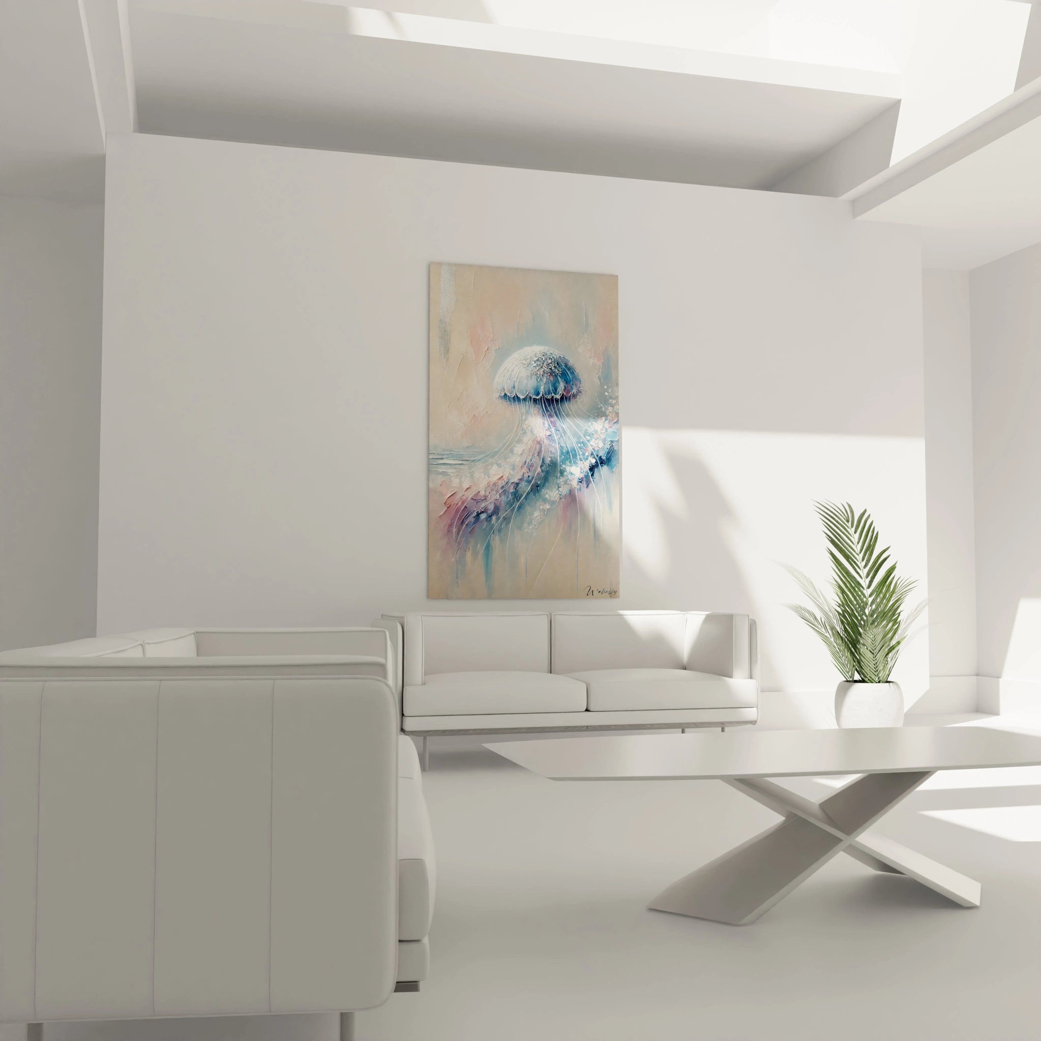 Dans un salon, ce tableau méduse se positionne majestueusement au-dessus du canapé. Son style contemporain ajoute une touche de mystère et de beauté.