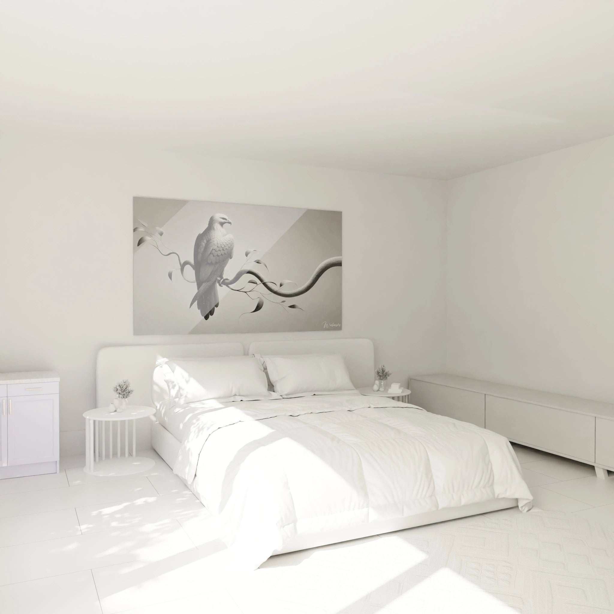 Ce tableau aigle au-dessus du lit dans une chambre moderne apporte une élégance sobre. Les nuances de noir et blanc créent un environnement apaisant, idéal pour une ambiance de sérénité et de calme