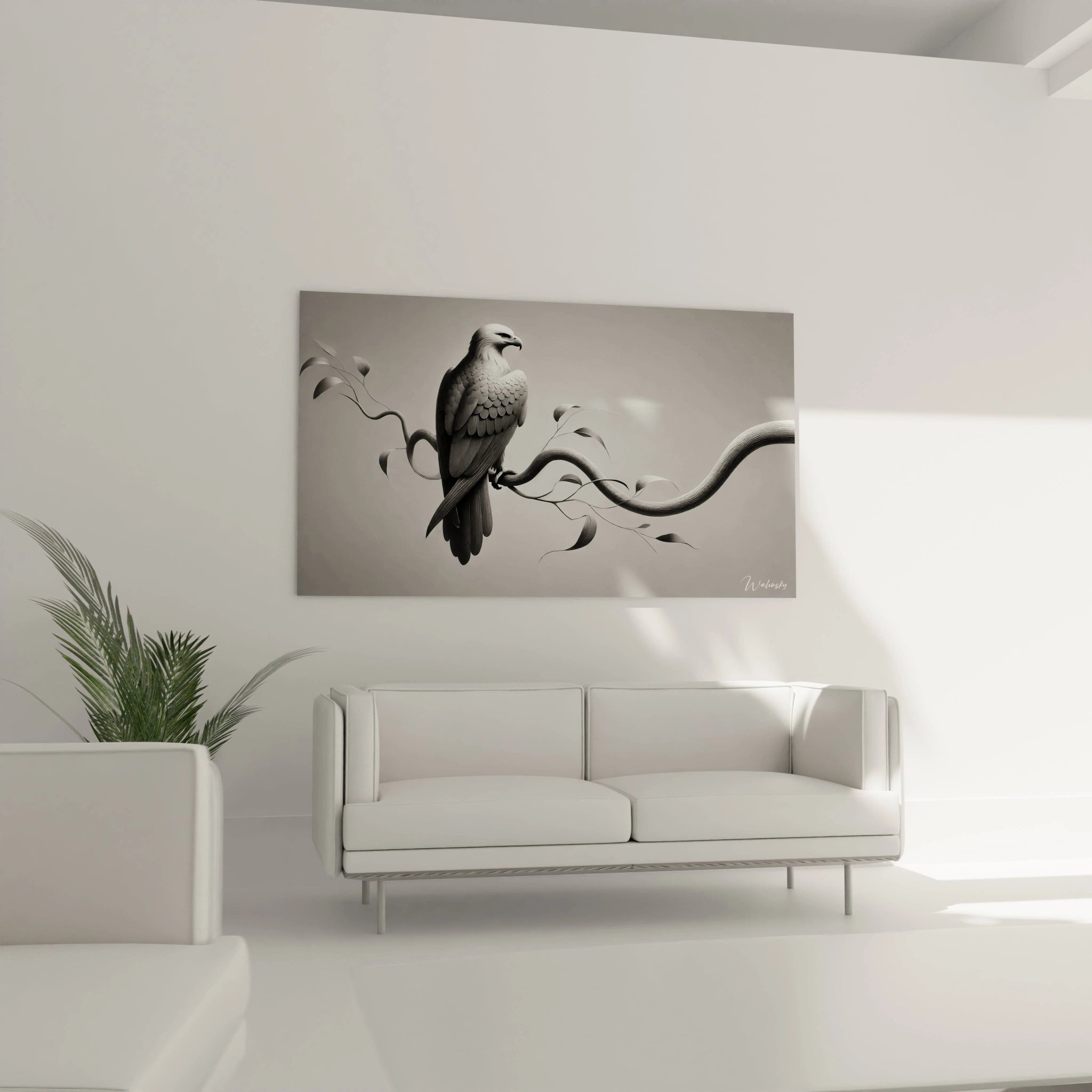 Le tableau aigle au-dessus du canapé dans ce salon minimaliste attire l'œil par sa simplicité et sa force. La palette monochrome rehausse la décoration avec un style chic et contemporain