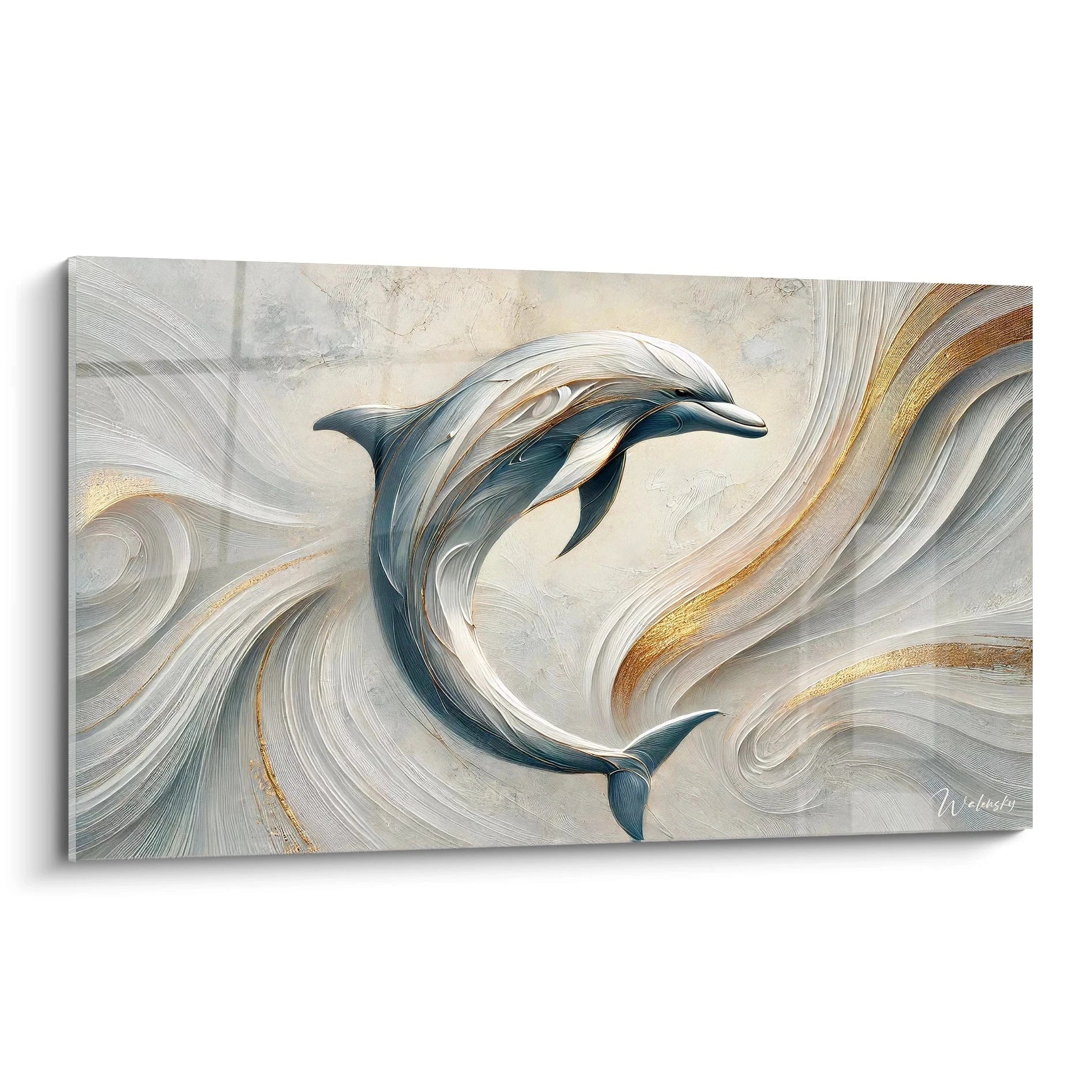 tableau dauphin vu de biais montre l'elegance marine capturant le mouvement fluide de l'animal. Les lignes tourbillonnantes evoquent la liberte des vagues, ajoutant une touche sophistiquee a votre decor.