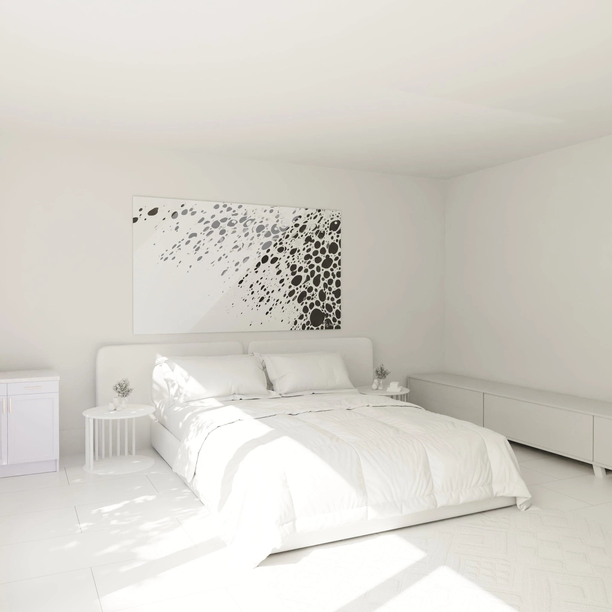 Tableau tacheté noir et blanc de Walensky dans une chambre minimaliste avec lit blanc