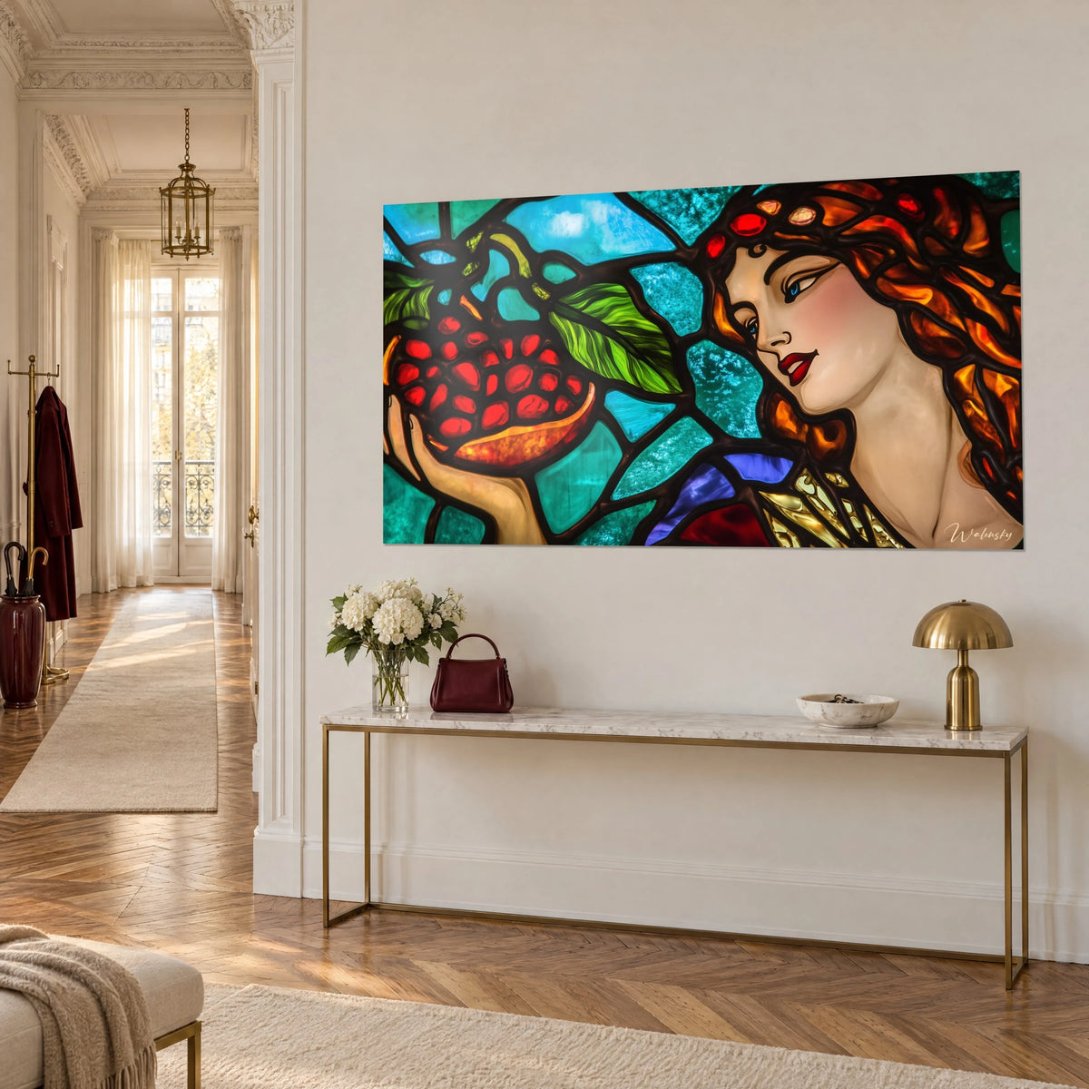 Wall art of a Madonna with copper curls holding a scarlet fruit, black leading on teal background, gilded Haussmann console