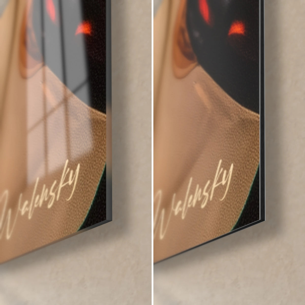 Stained glass portrait wall art, bottom right corner: ochre shoulder and gold signature, glossy glass on the left, matte Dibond on the right