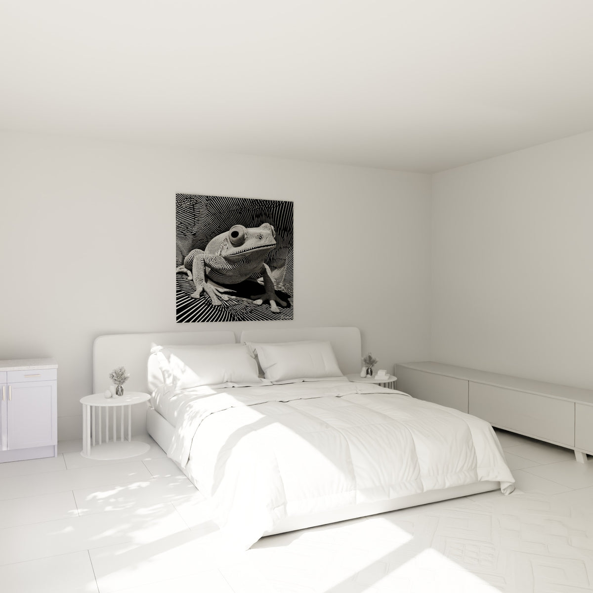 Amphibien graphique en noir et blanc aux motifs vibrants, accroché au-dessus d'un lit dans une chambre claire