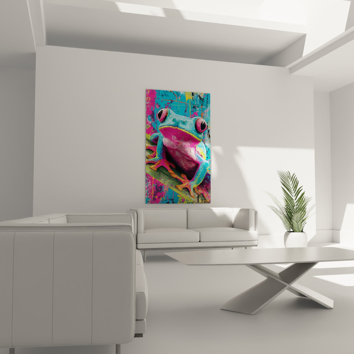 Créature colorée aux pattes orangées et fond anthracite éclaboussé, au-dessus d'un canapé dans un salon lumineux