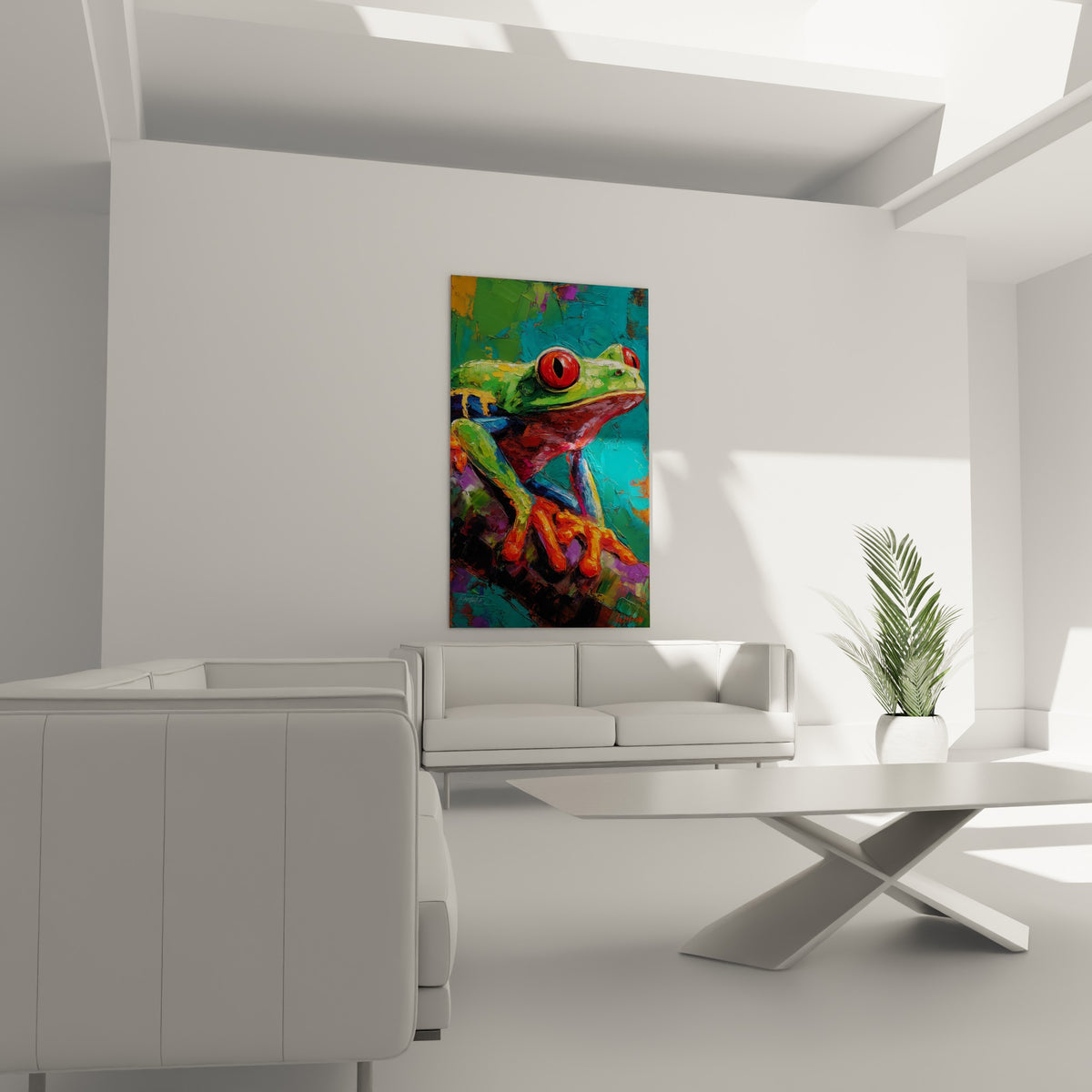 Rainette émeraude aux pattes orange vif sur fond turquoise, au-dessus d'un canapé dans un salon lumineux