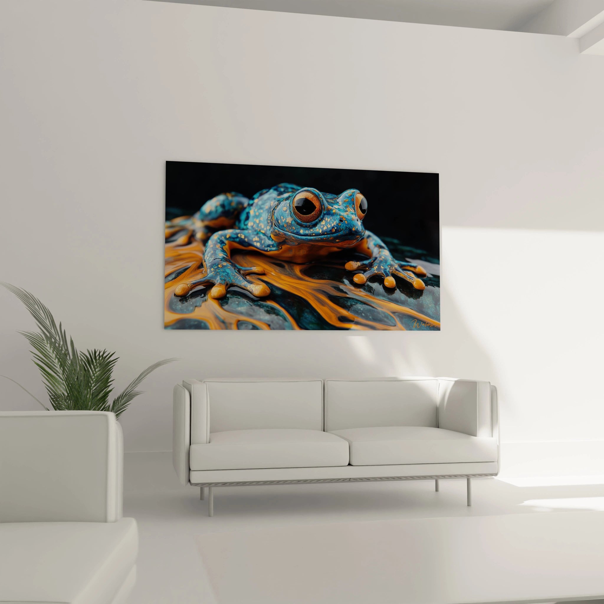 Tableau grenouille détaillé montrant un spécimen bleu turquoise aux reflets métalliques dorés. Les yeux ambrés saillants fixent l'observateur tandis que le corps repose sur une surface liquide orange ondulante.