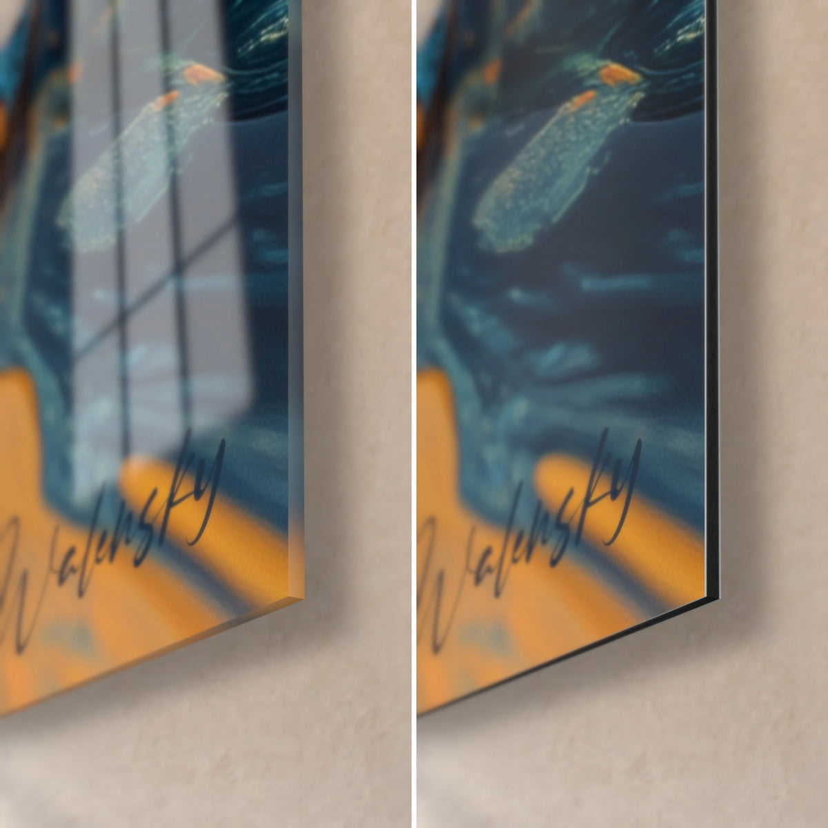 Gemälde Laubfroschbild mit blauem Grund und orangefarbenen Flecken, untere rechte Ecke: glänzendes Acrylglas links, matt gebürstetes Alu-Dibond rechts, 3 mm Kante