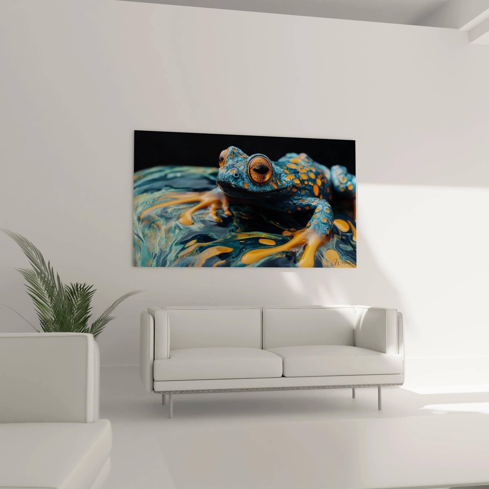 Un tableau grenouille tropicale au premier plan montrant un amphibien bleu turquoise à taches oranges vives, capturé avec des détails minutieux de sa peau texturée et son regard perçant, sur un fond abstrait aux couleurs fluides assorties.