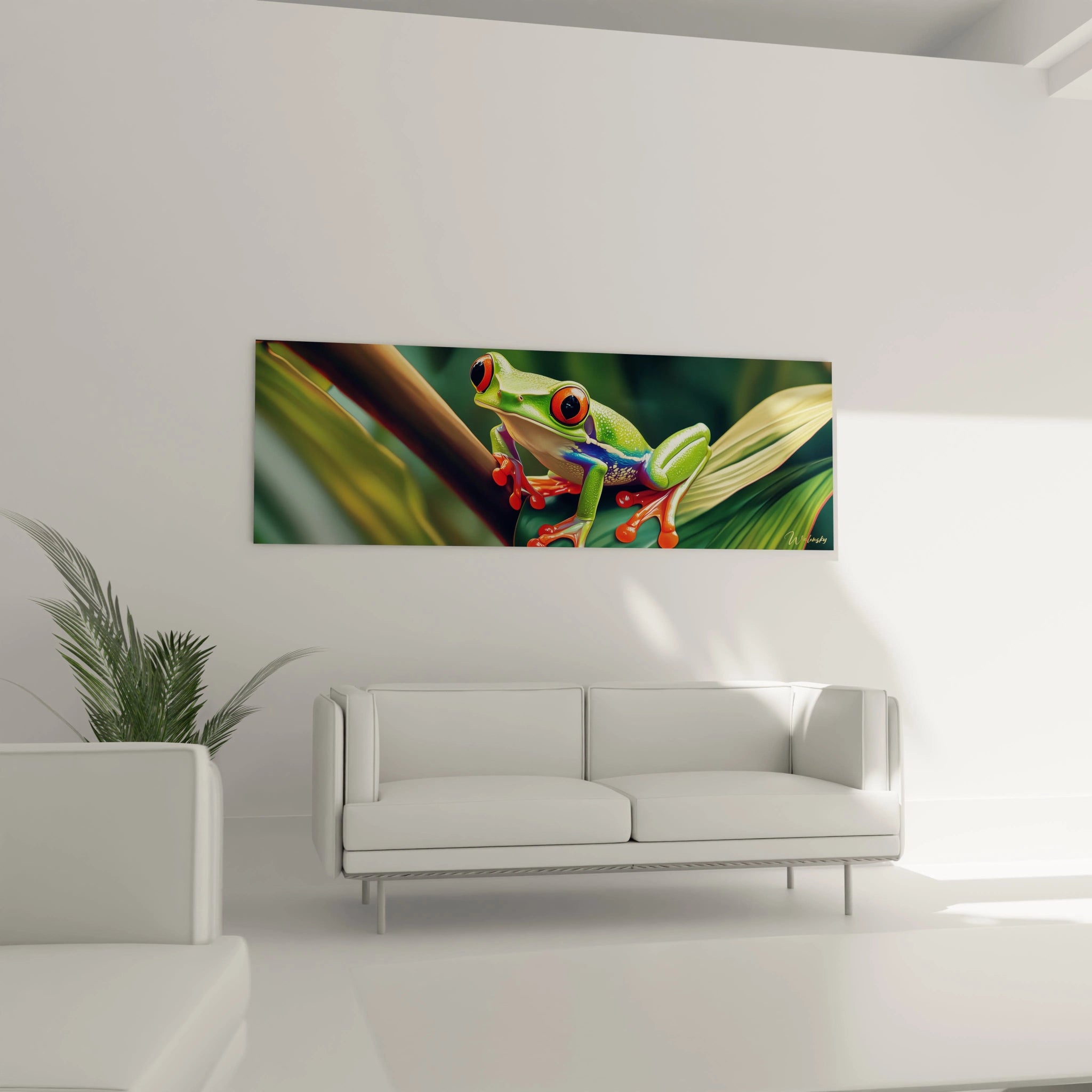 Tableau grenouille colorée sur une feuille verte accroché au-dessus d'un canapé blanc dans un salon moderne
