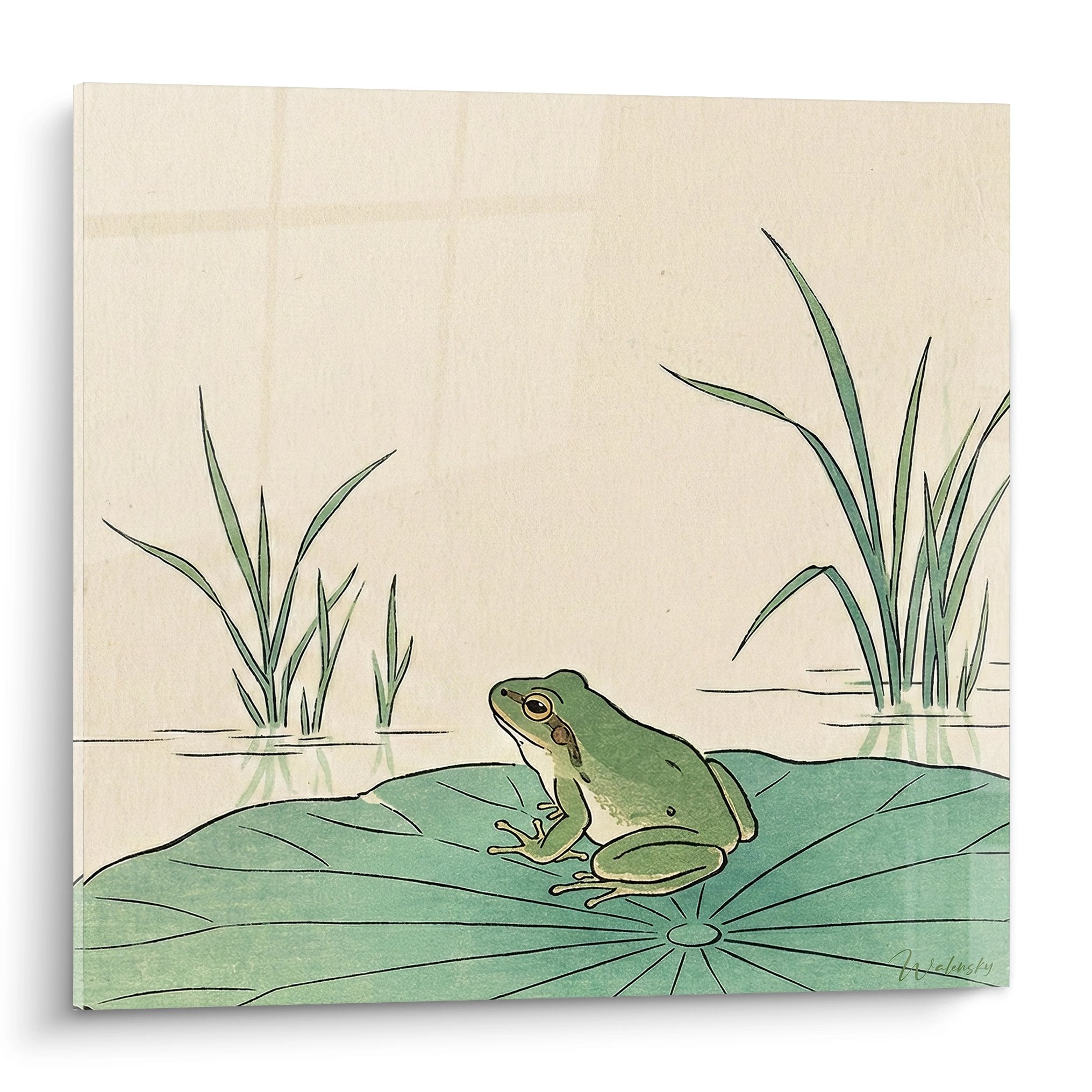 Green frog on water lily in zen pond beige tones rice field edition minimalist Japanese style