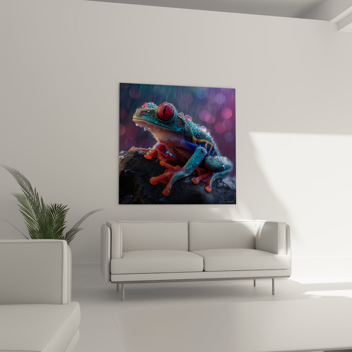 Batracien perlé de rosée aux couleurs bleues et orange, au-dessus d'un canapé dans un salon lumineux