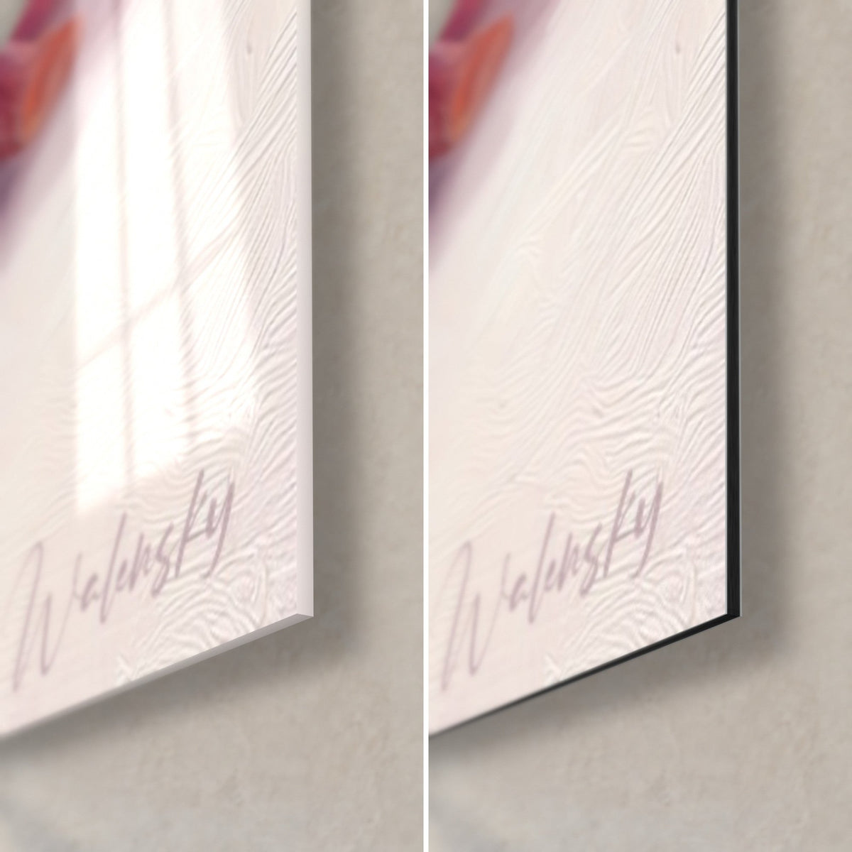 Wall art of a pink amphibian with golden eyes, bottom right corner: glossy acrylic glass on the left, matte white Dibond aluminium on the right, black edge
