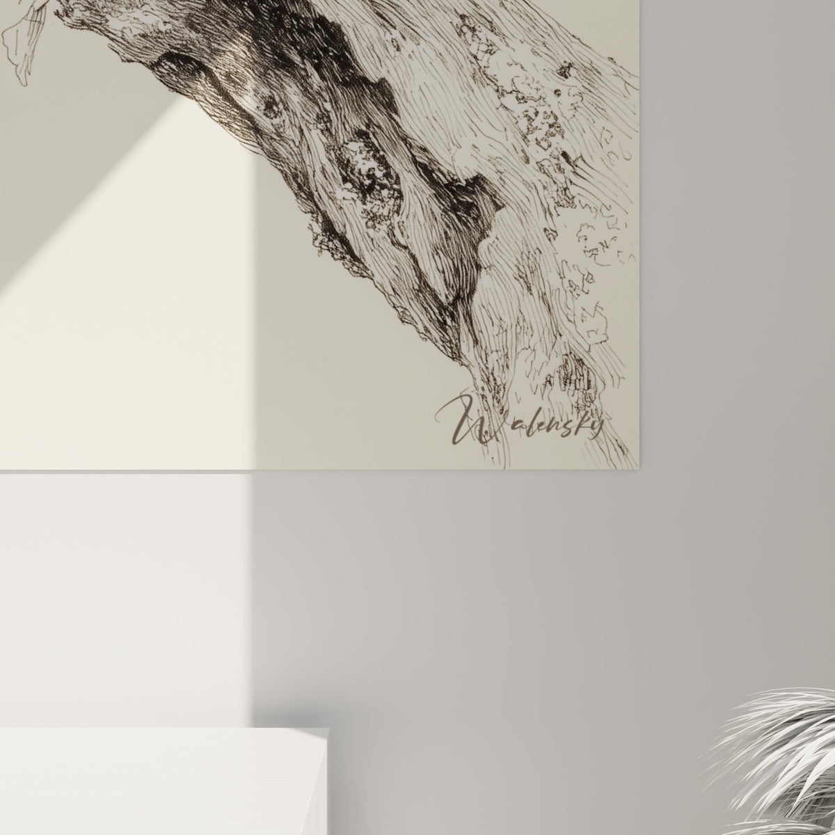 Empâtements fins et hachures noires révélant la texture granuleuse de la peau et l'écorce fissurée