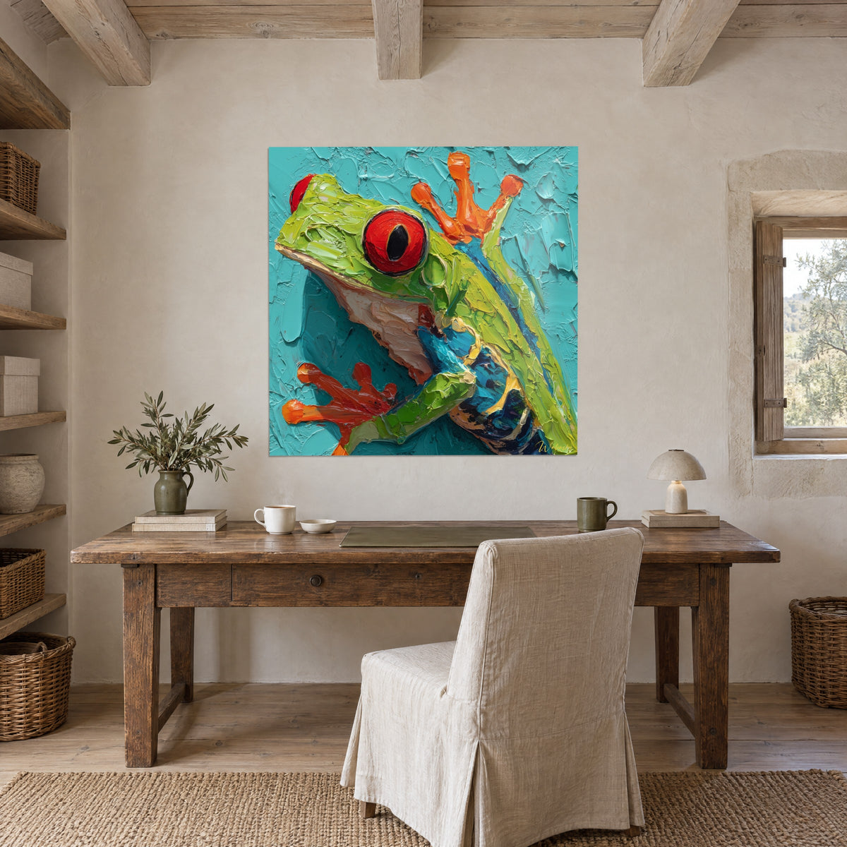 Schilderij jungletad limoengroen, vurig rode blik, turquoise spatel, boven een bureau van licht hout