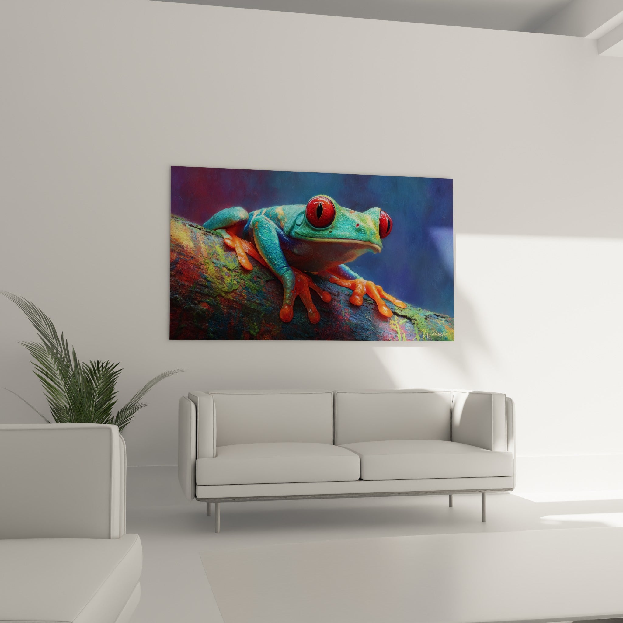 Grenouille arboricole verte et orangée au regard rouge vif, au-dessus d'un canapé dans un salon lumineux