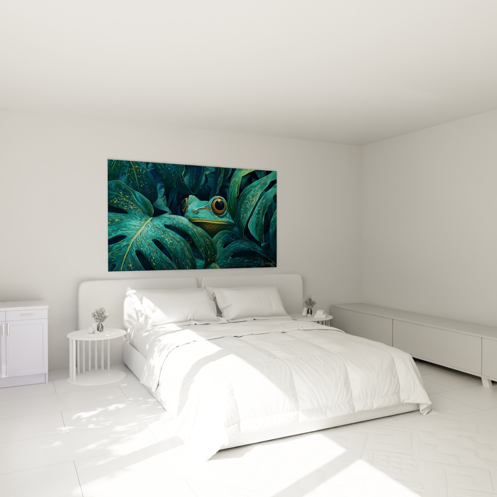 Amphibien bleu-vert aux yeux ambrés niché dans les feuilles, au-dessus d'un lit dans une chambre claire