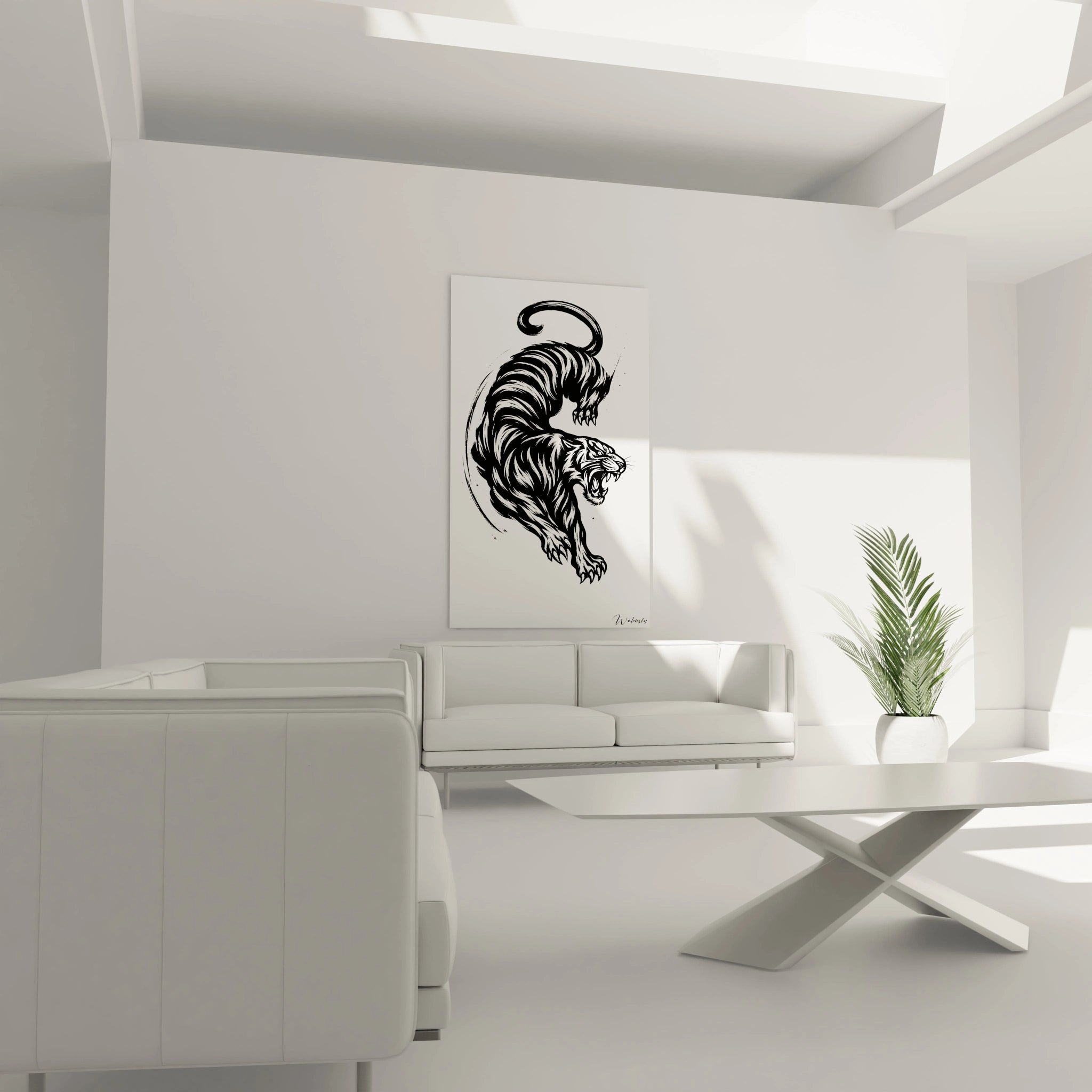 Un tableau tigre minimaliste exécuté dans le style de la peinture à l'encre chinoise. Le félin est capturé en pleine action, corps arqué et gueule ouverte, avec des traits calligraphiques qui donnent vie au pelage et accentuent la musculature puissante.
