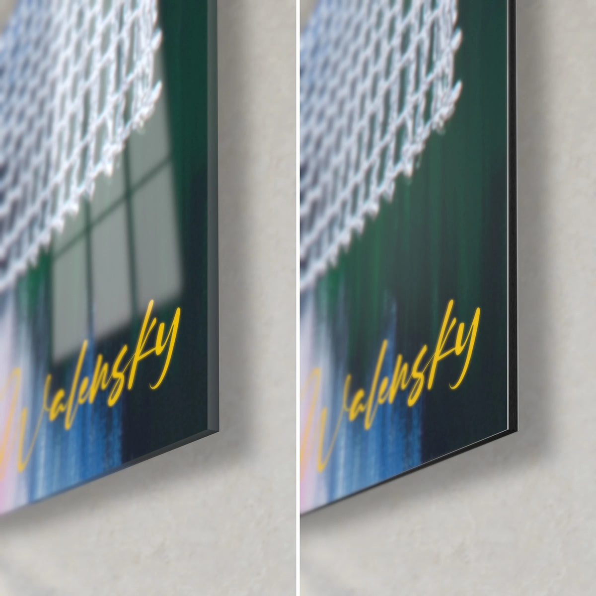 Wall art with a white mesh over blue water, bottom right corner, yellow Walensky signature, glossy glass on the left, matte Dibond on the right