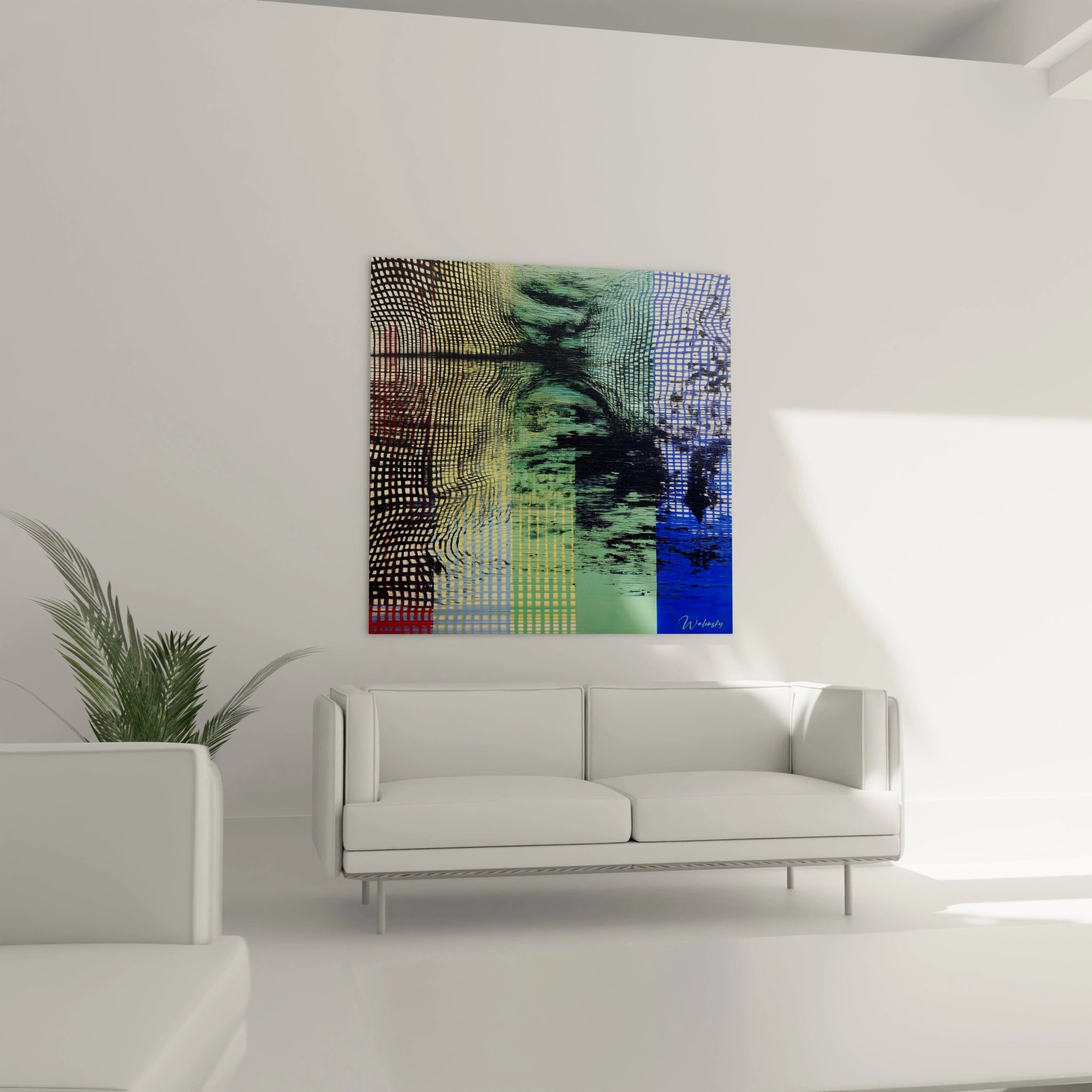 Tableau mural Walensky coloré à effet optique accroché au dessus d un canapé blanc tableau illusion cinétique