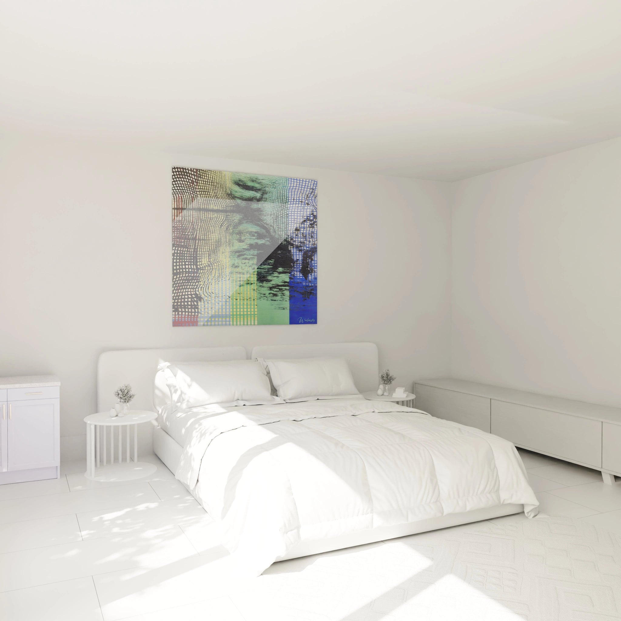 Chambre minimaliste blanche avec lit double et tableau illusion cinétique coloré Walensky au dessus du lit