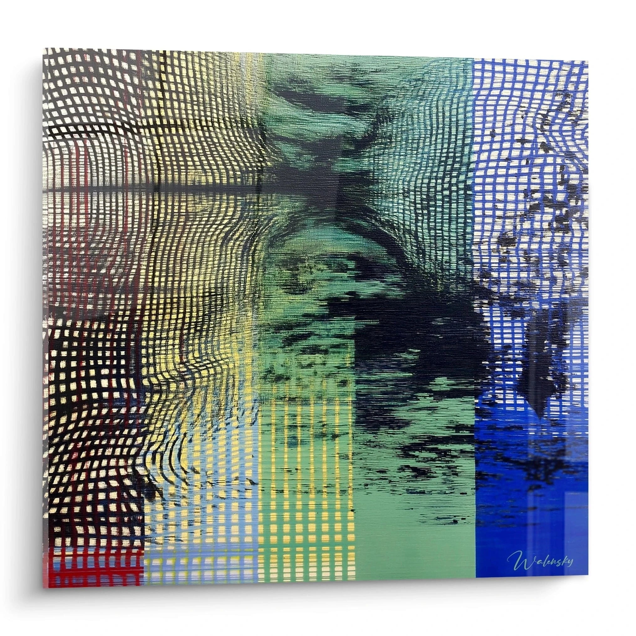 Tableau mural Walensky tableau illusion cinétique abstrait avec motifs en grille ondulée vert bleu et jaune