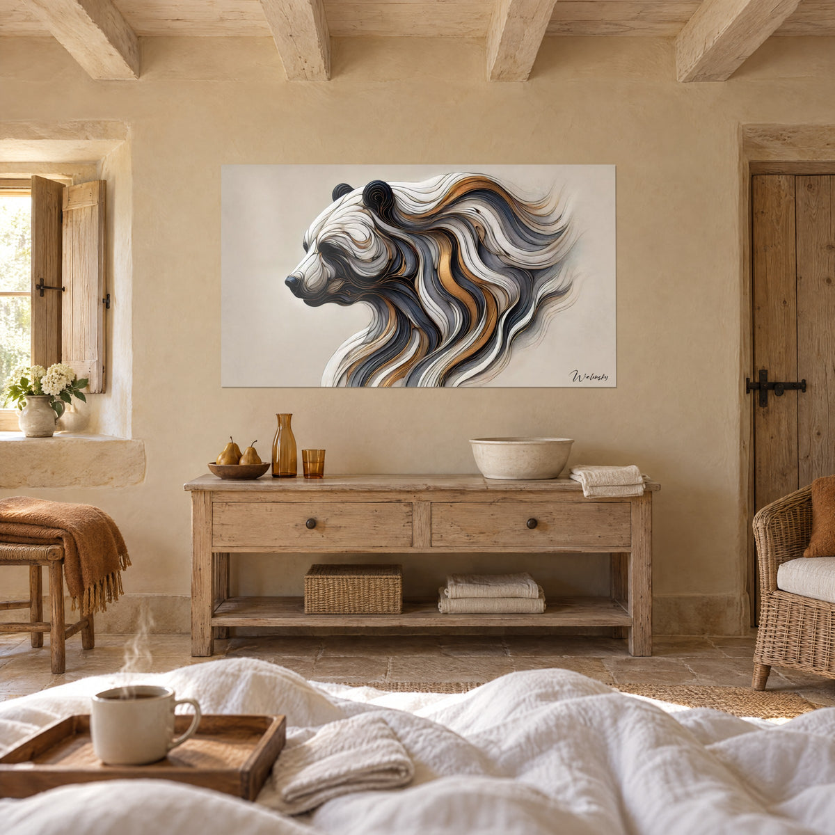 Wall art bear head with wavy pearl grey, copper and black locks, in front of a person seen from behind, above a bed in a light bedroom