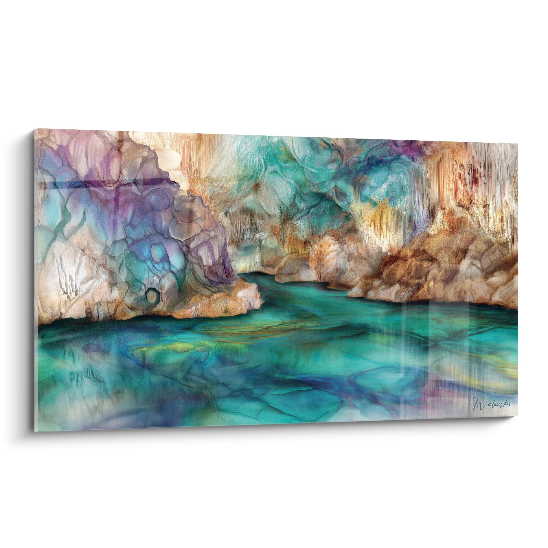 Tableau grotte aquatique cristaux émeraude formations rocheuses colorées art mural moderne grottes naturelles